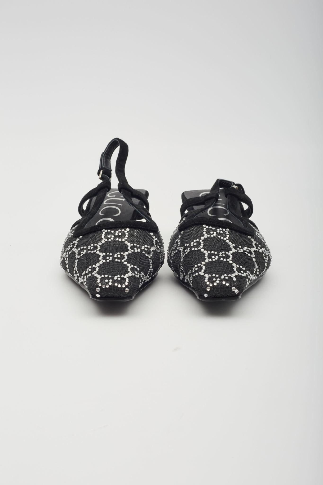 Women's Gucci GG Crystal Embellished Mesh Black Slingback Kitten Heels EU 38 For Sale