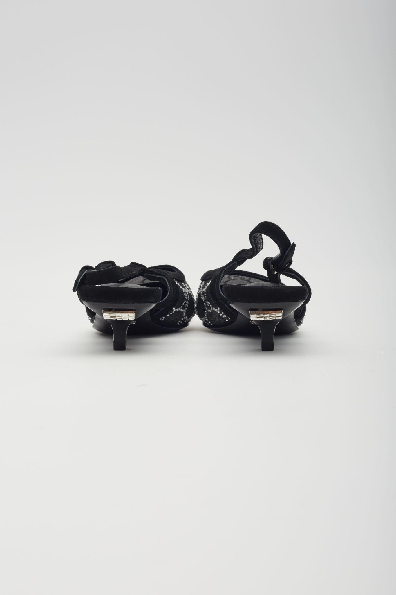 Gucci GG Crystal Embellished Mesh Black Slingback Kitten Heels EU 38 For Sale 1