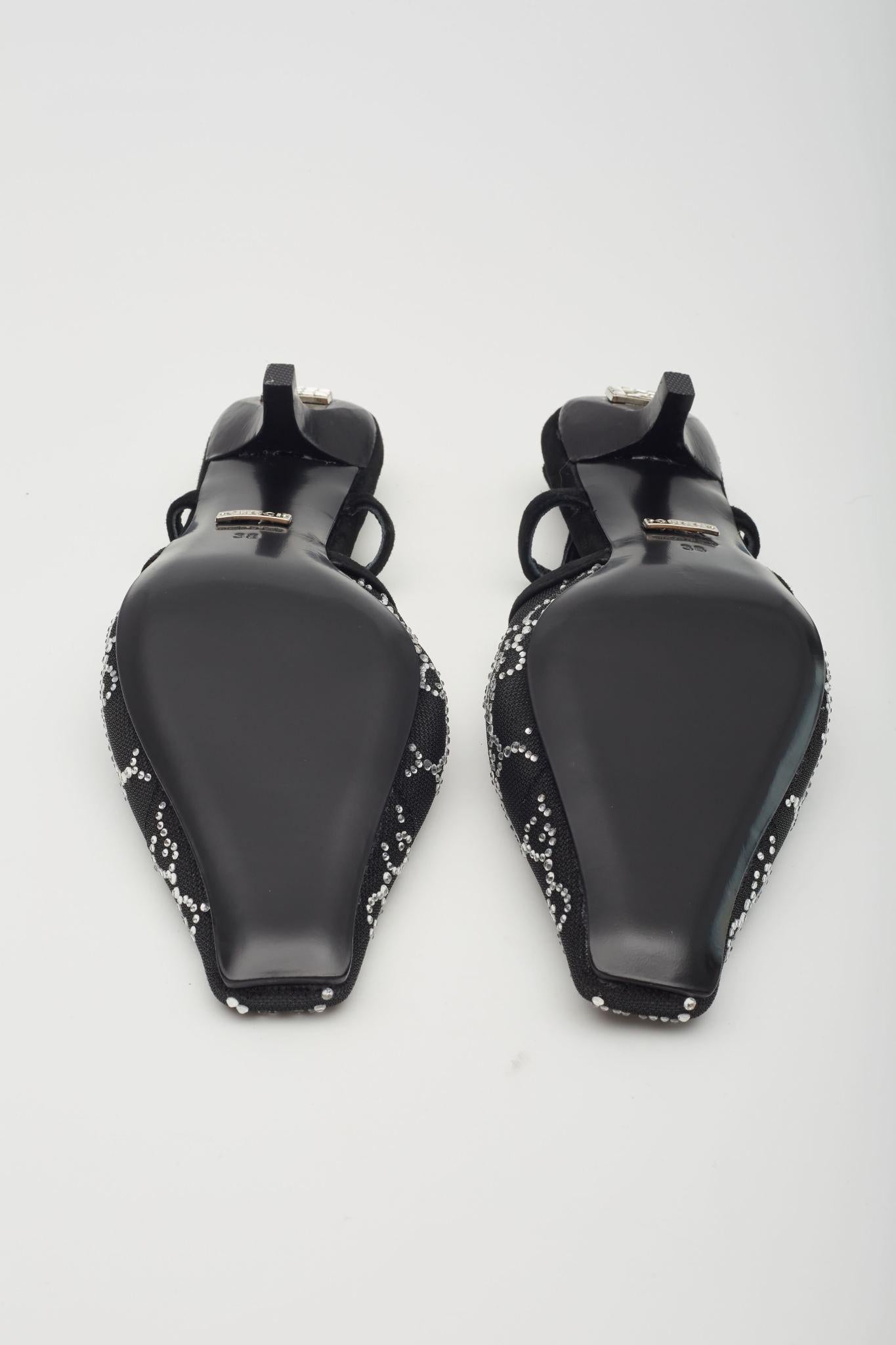 Gucci GG Crystal Embellished Mesh Black Slingback Kitten Heels EU 38 For Sale 2