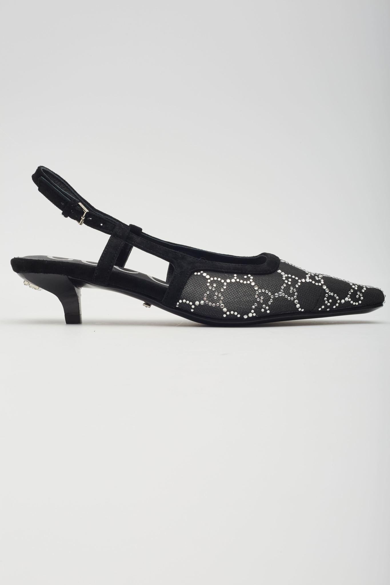 Gucci GG Crystal Embellished Mesh Black Slingback Kitten Heels EU 38 For Sale 3
