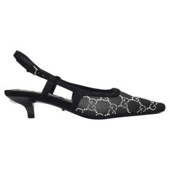 Gucci GG Crystal Embellished Mesh Black Slingback Kitten Heels EU 38