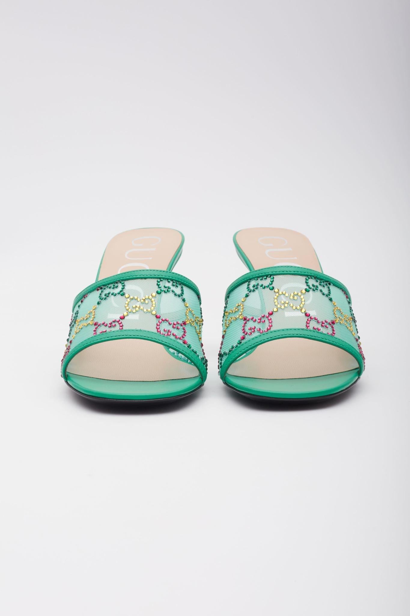 Gucci GG Crystal Embellished Mesh Charlott Sandal Heels EU 37.5 In Excellent Condition For Sale In Montreal, Quebec