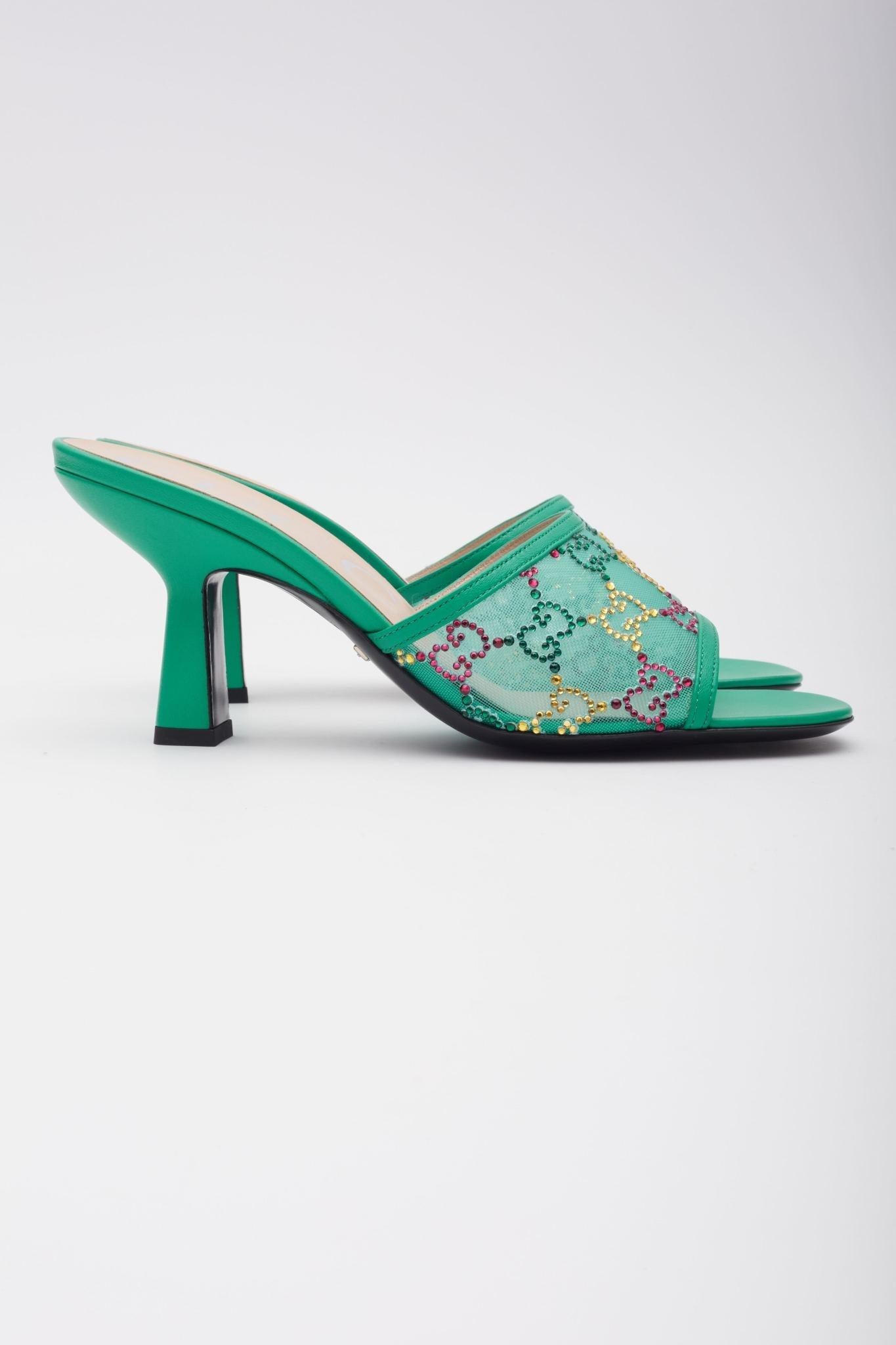 Women's Gucci GG Crystal Embellished Mesh Charlott Sandal Heels EU 37.5 For Sale