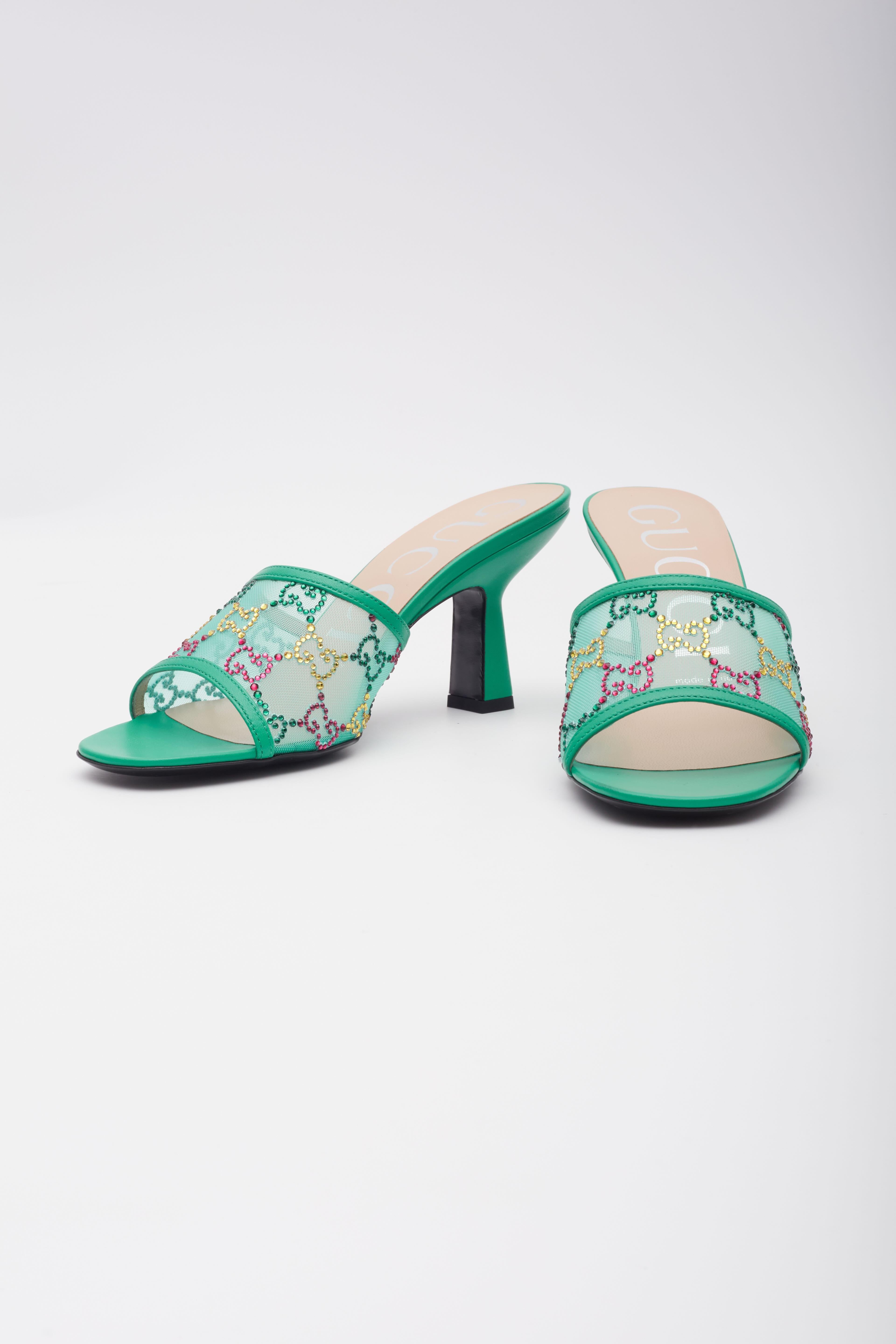 Gucci GG Cristal Embellished Malla Charlott Sandalia Tacones EU 39.5 Azul en venta