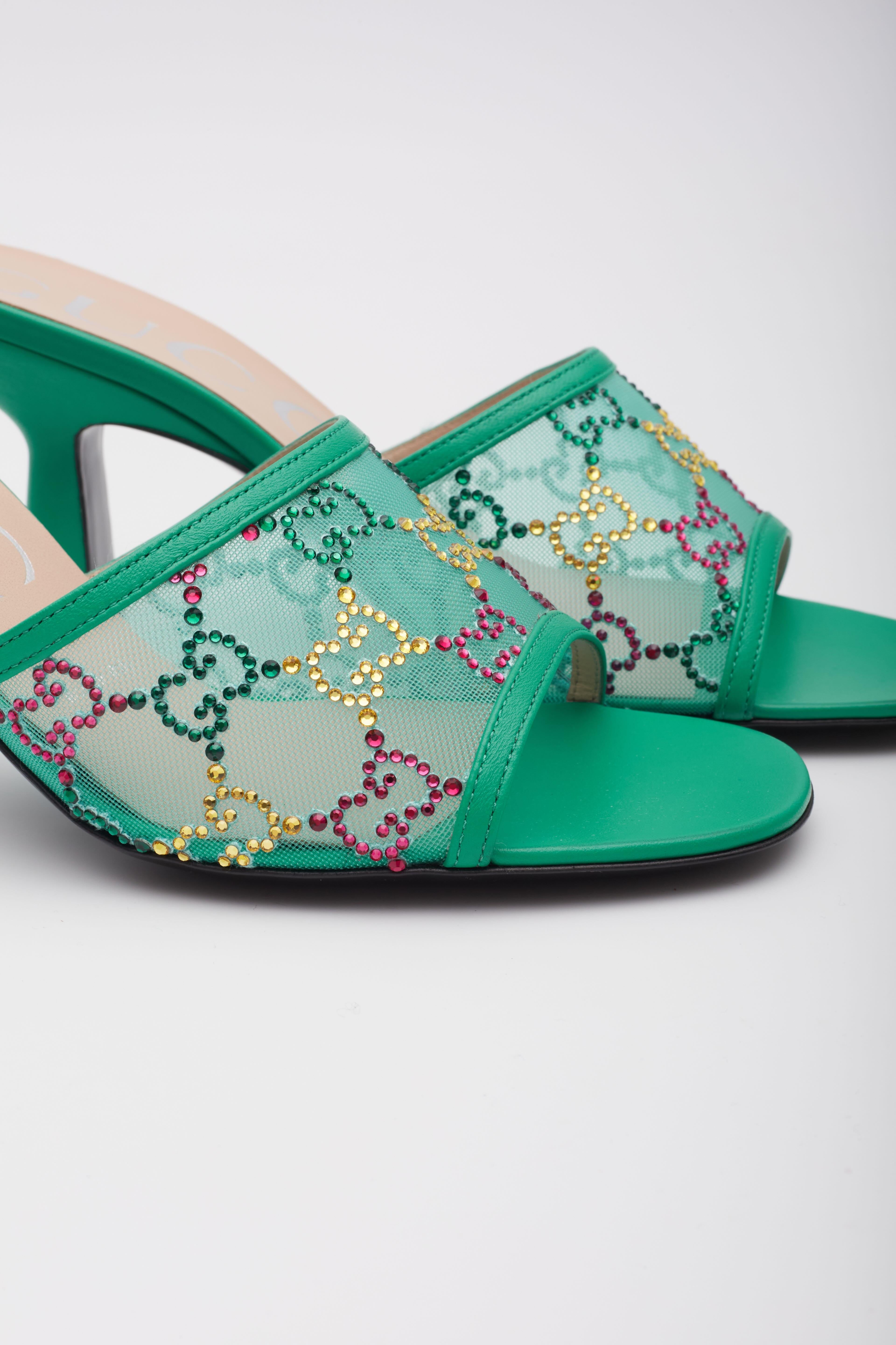 Gucci GG Cristal Embellished Malla Charlott Sandalia Tacones EU 39.5 en venta 3