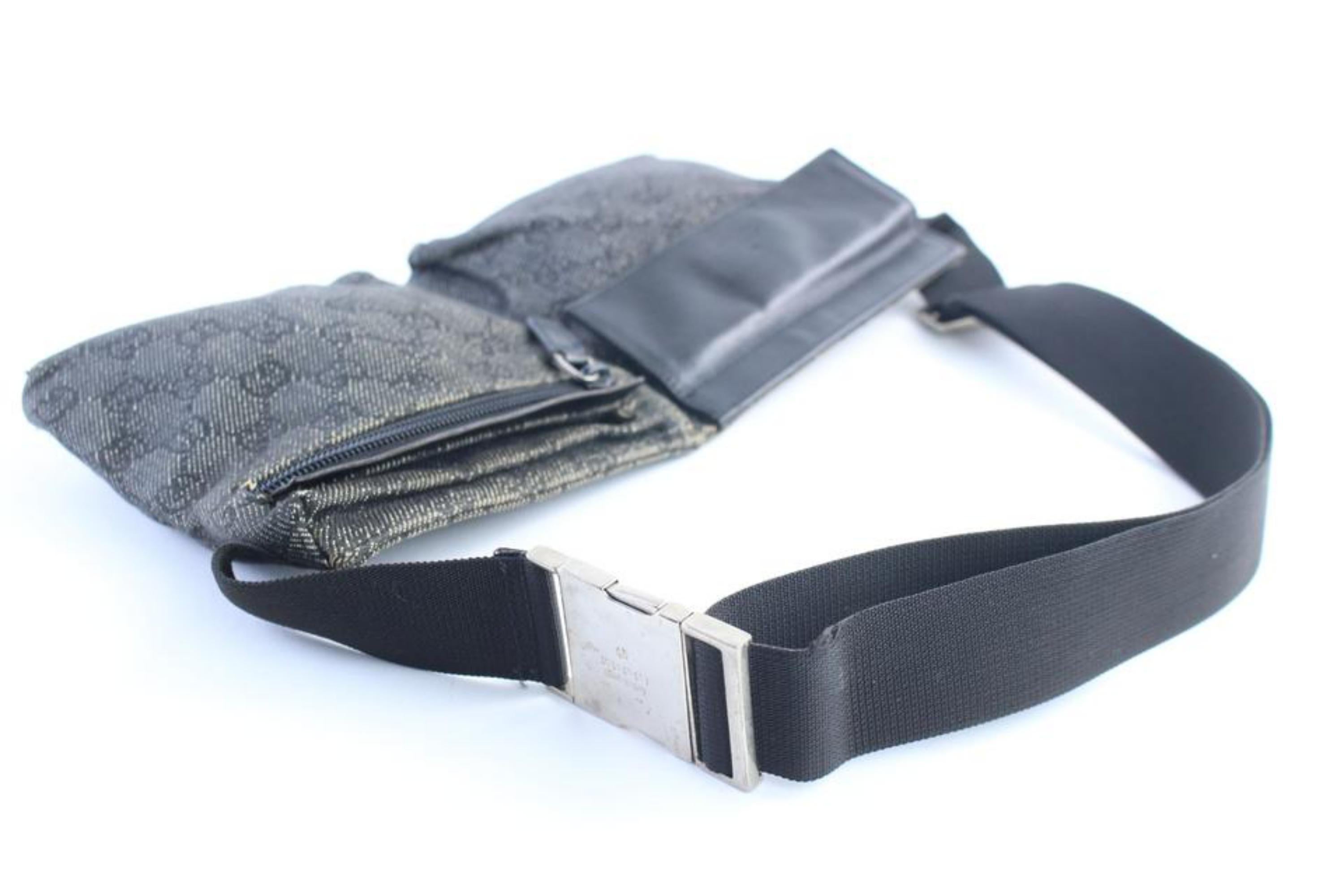 Gucci Gg Denim Fanny Pack Waist Pouch 228533 Charcoal Coated Canvas Travel Bag In Good Condition For Sale In Forest Hills, NY