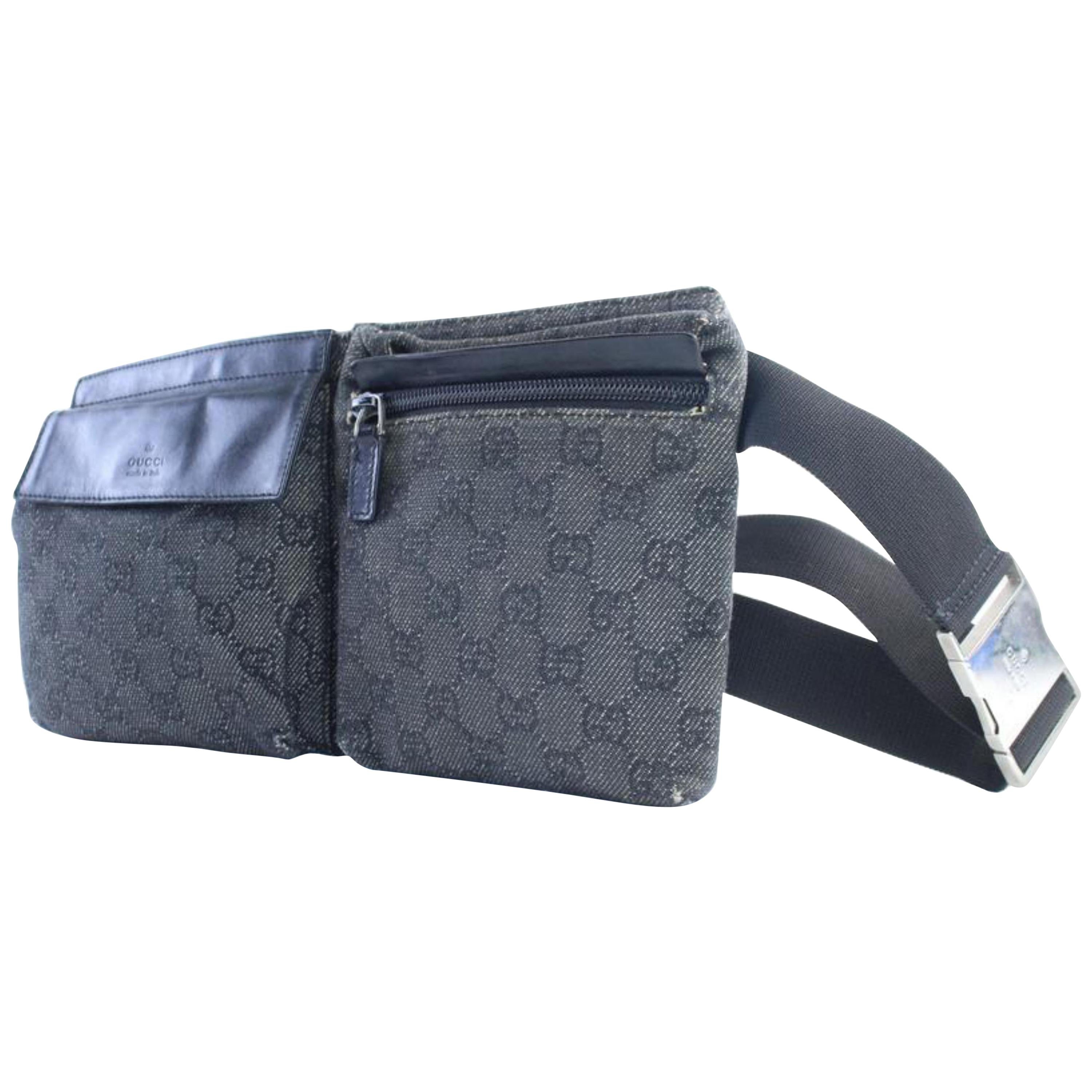 Gucci Gg Denim Fanny Pack Waist Pouch 228533 Charcoal Coated Canvas Travel Bag For Sale