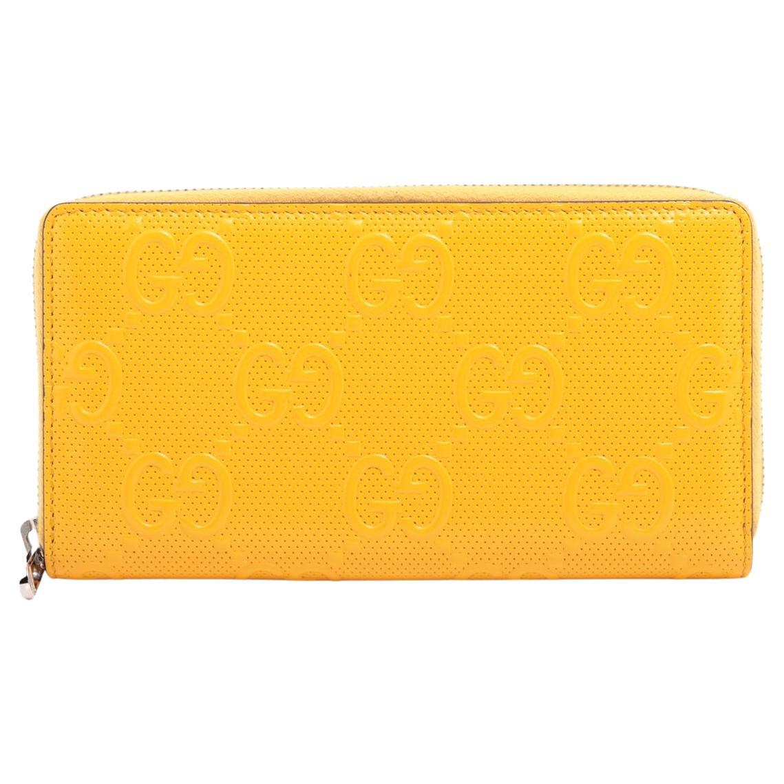 Gucci GG Embossed Leather Zip Long Wallet Yellow For Sale