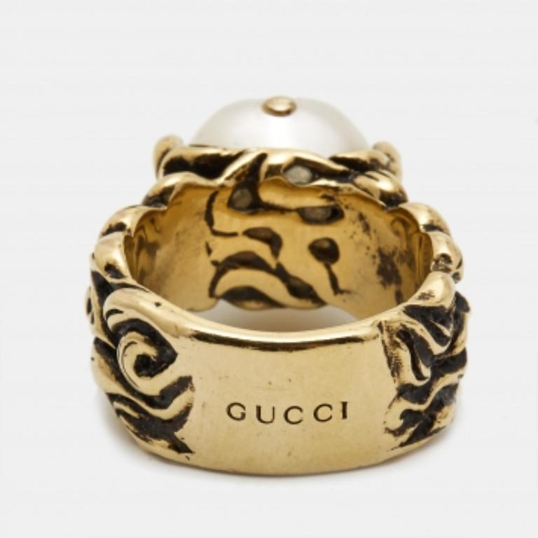 Bague en or avec fausse perle Gucci GG Taille 61 en vente 1
