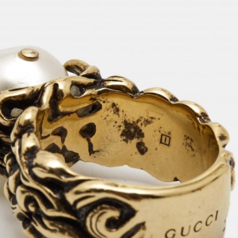 Bague en or avec fausse perle Gucci GG Taille 61 en vente 2