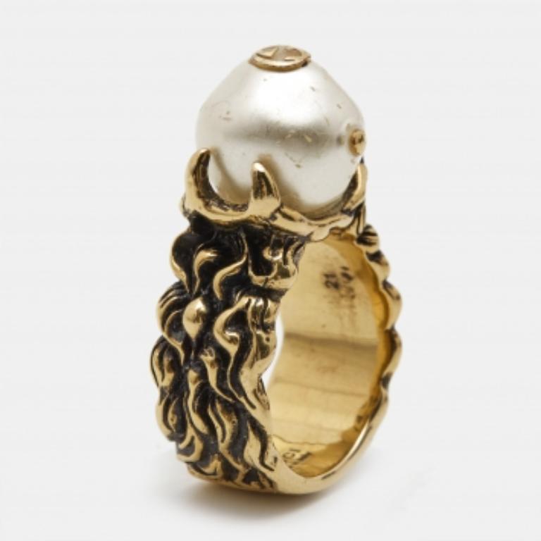 Bague en or avec fausse perle Gucci GG Taille 61 en vente 3