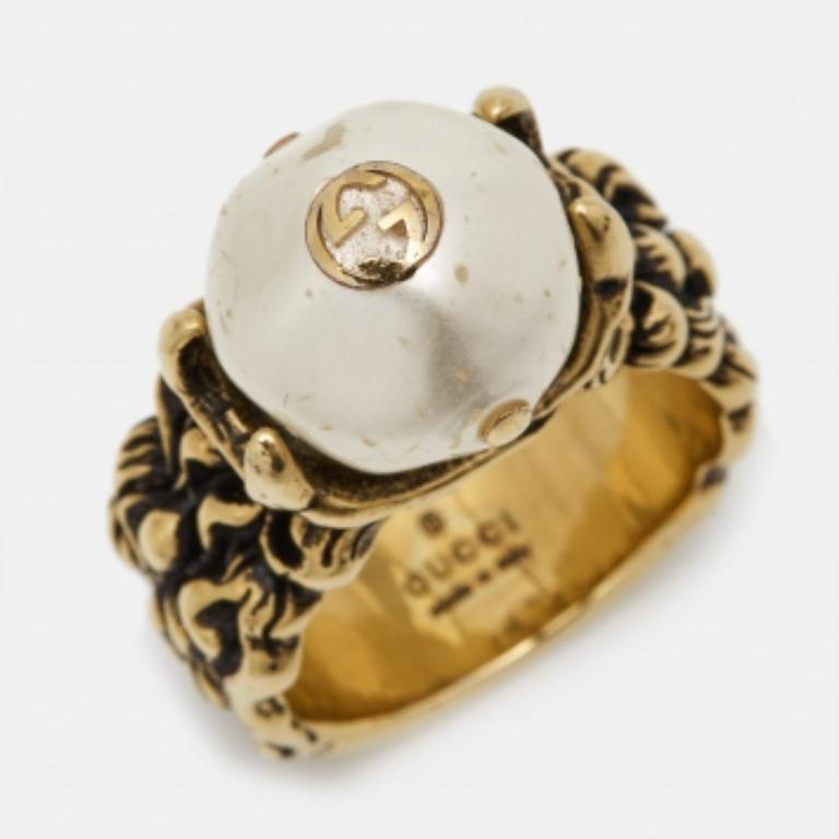 Bague en or avec fausse perle Gucci GG Taille 61 en vente 4