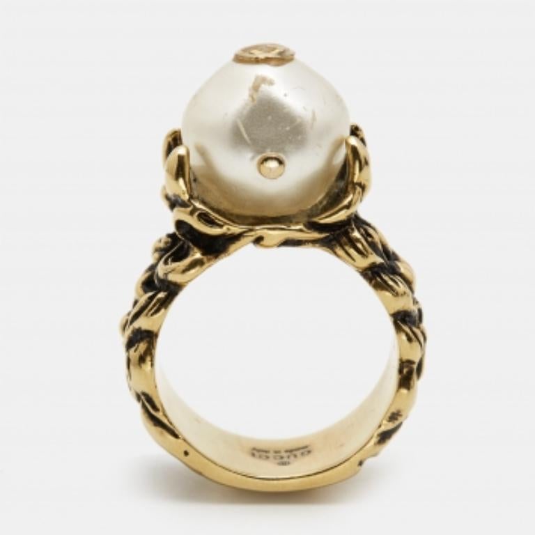 Bague en or avec fausse perle Gucci GG Taille 61 en vente 5
