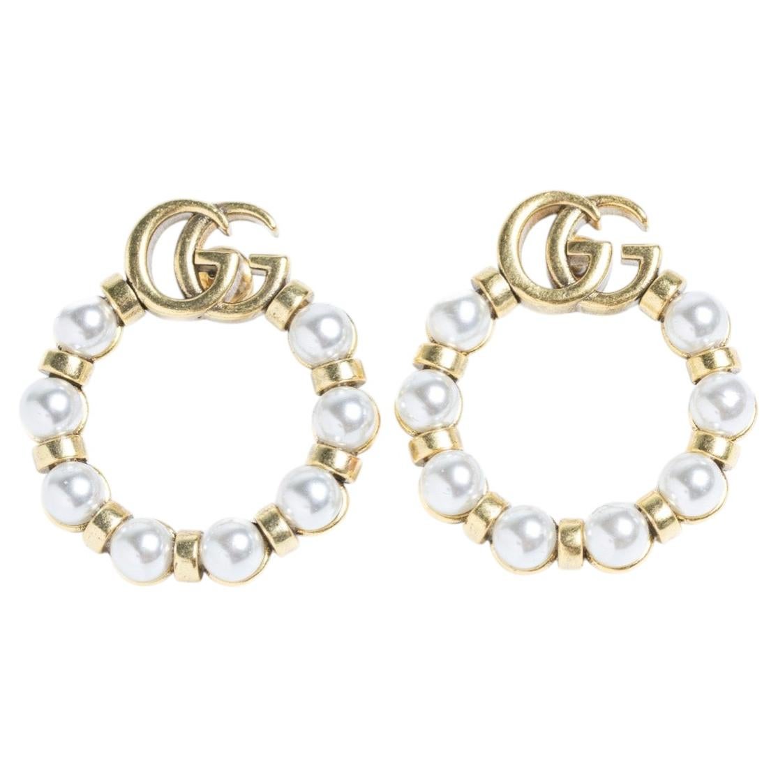 Gucci Gold-Tone Faux Pearl Interlocking GG Hoop Earrings, 21st Century