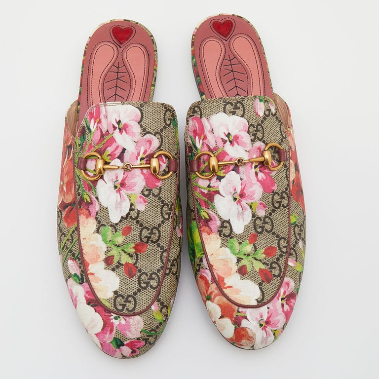 Gucci GG Floral Print Canvas Princetown Horsebit Mule Sandals Size
