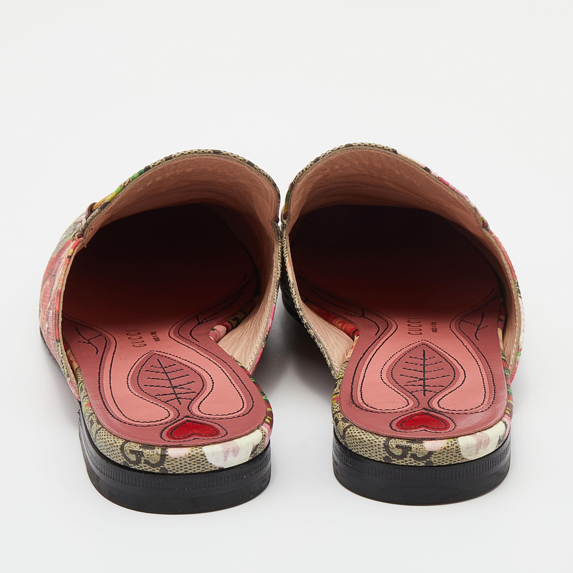 Women's Gucci GG Floral Print Canvas Princetown Horsebit Mule Sandals Size 39.5