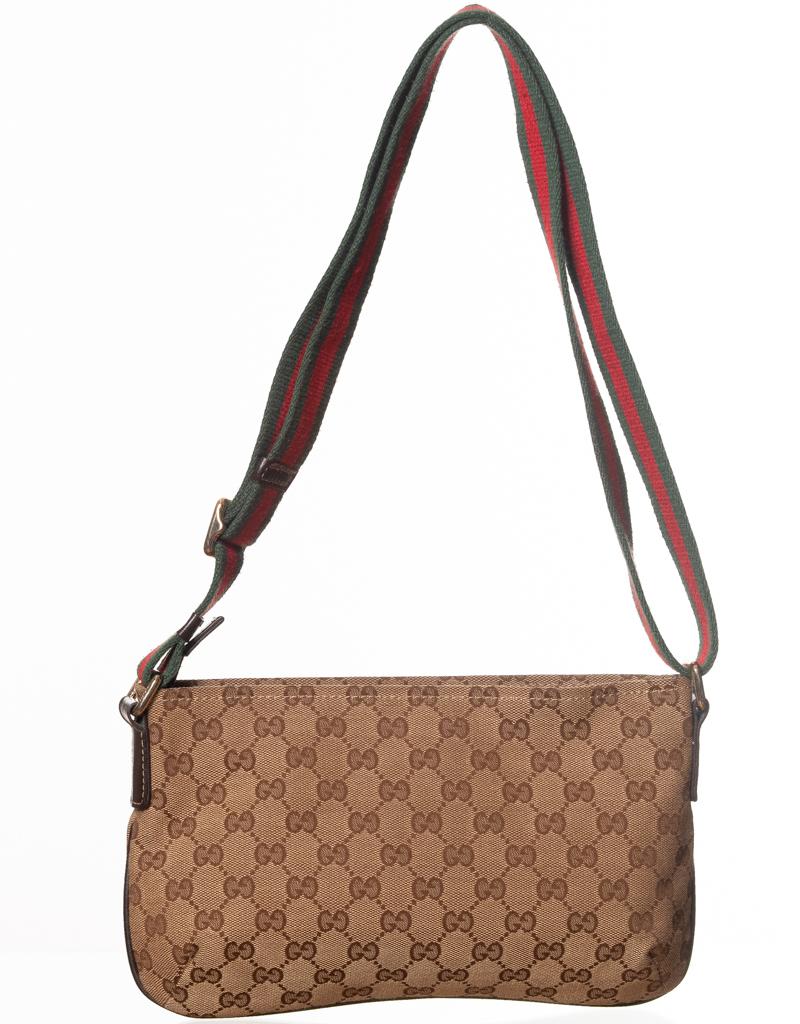 This Gucci crossbody features Gucci's classic monogram GG web canvas, green and red signature web strap with leather finishes, top zip closure and brown fabric interior lining.

COLOR: Brown
MATERIAL: cloth
ITEM CODE: 189749
MEASUREMENTS: H 7” x W 