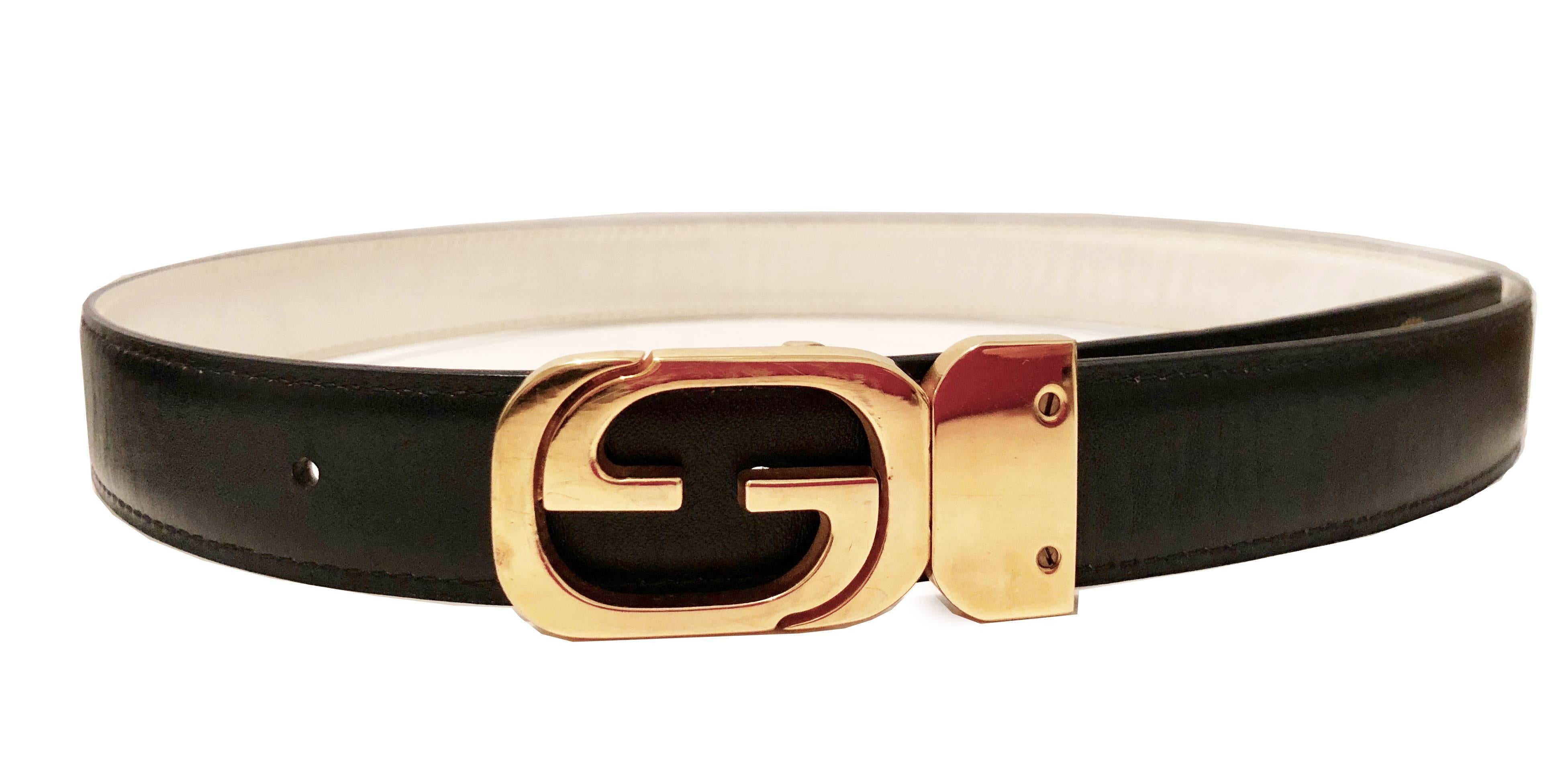 Gucci GG Gold Logo Buckle & Reversible Belt Strap Black White 26in - 30in 2