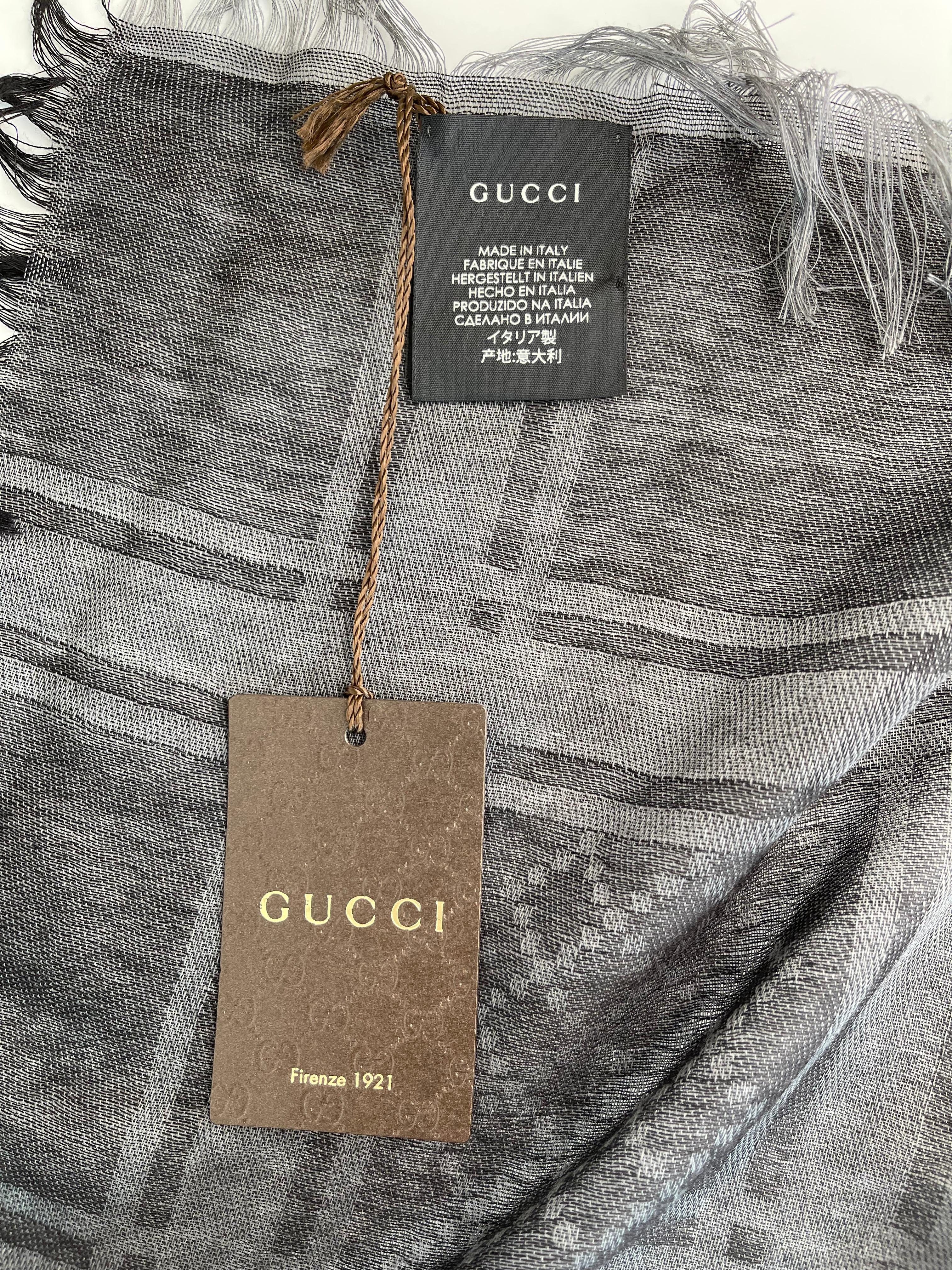 Women's or Men's  Gucci GG Guccissima Black and Grey Survive Silk Scarf Shawl Wrap (544615)