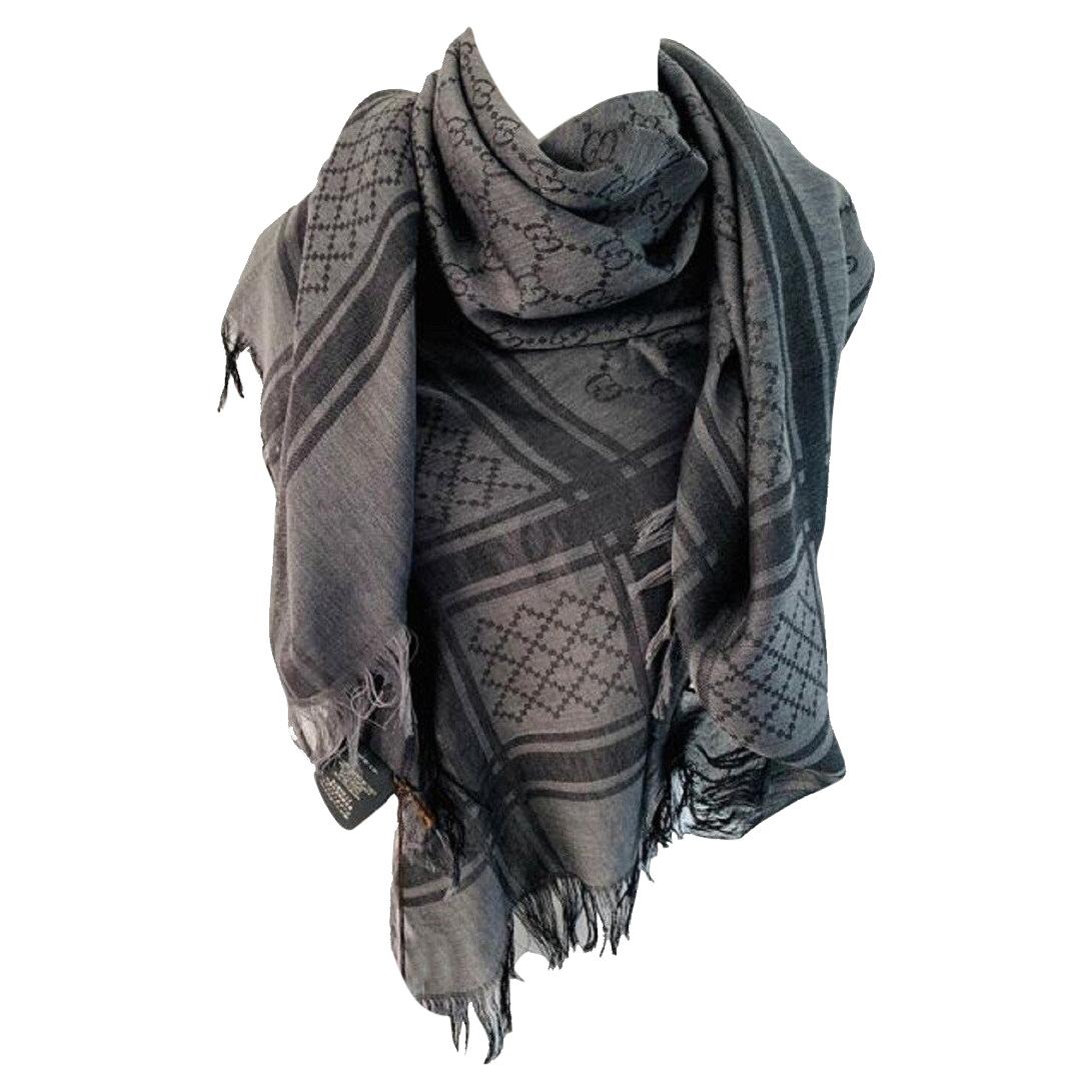  Gucci GG Guccissima Black and Grey Survive Silk Scarf Shawl Wrap (544615)