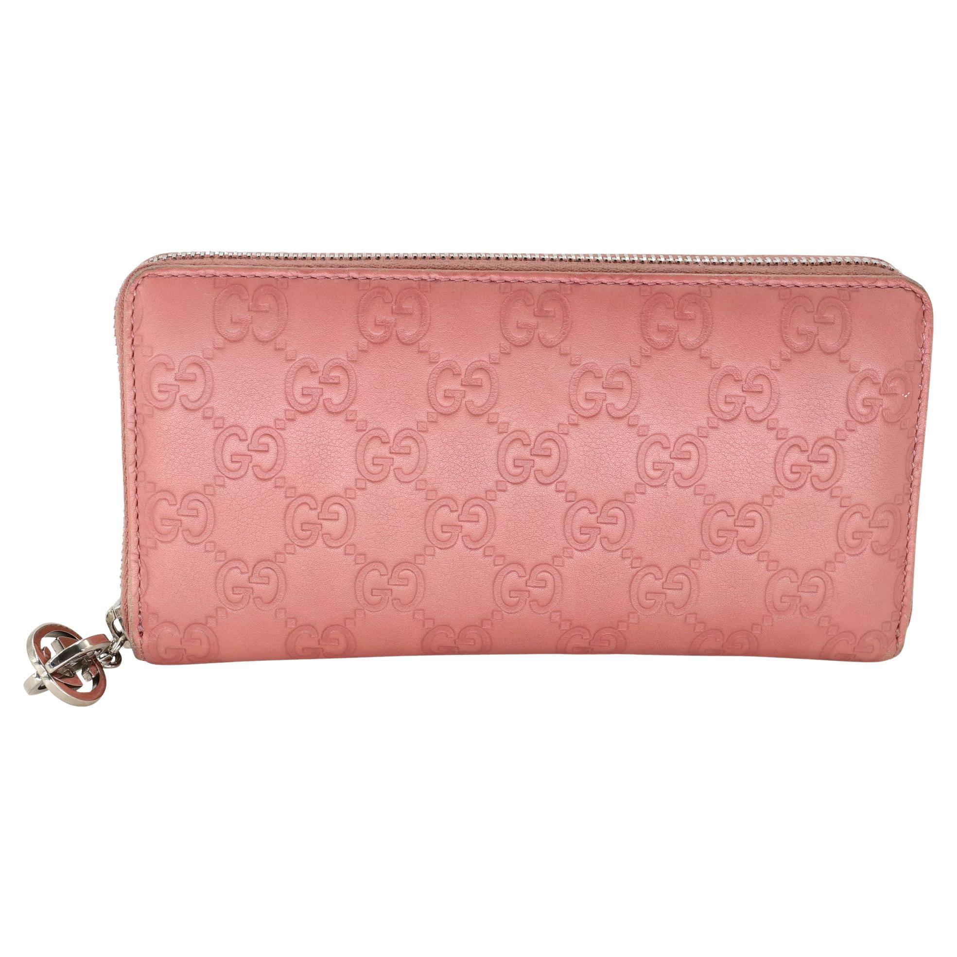 Gucci GG Guccissima Pink Leather Zip Around Wallet LV-W1110P-A003 For Sale