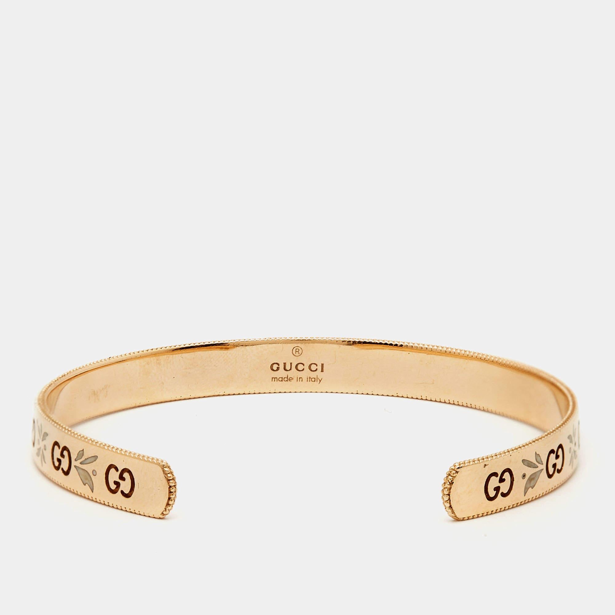 Gucci GG Icon Blossom Enamel 18k Rose Gold Cuff Bracelet 16 In Excellent Condition For Sale In Dubai, Al Qouz 2
