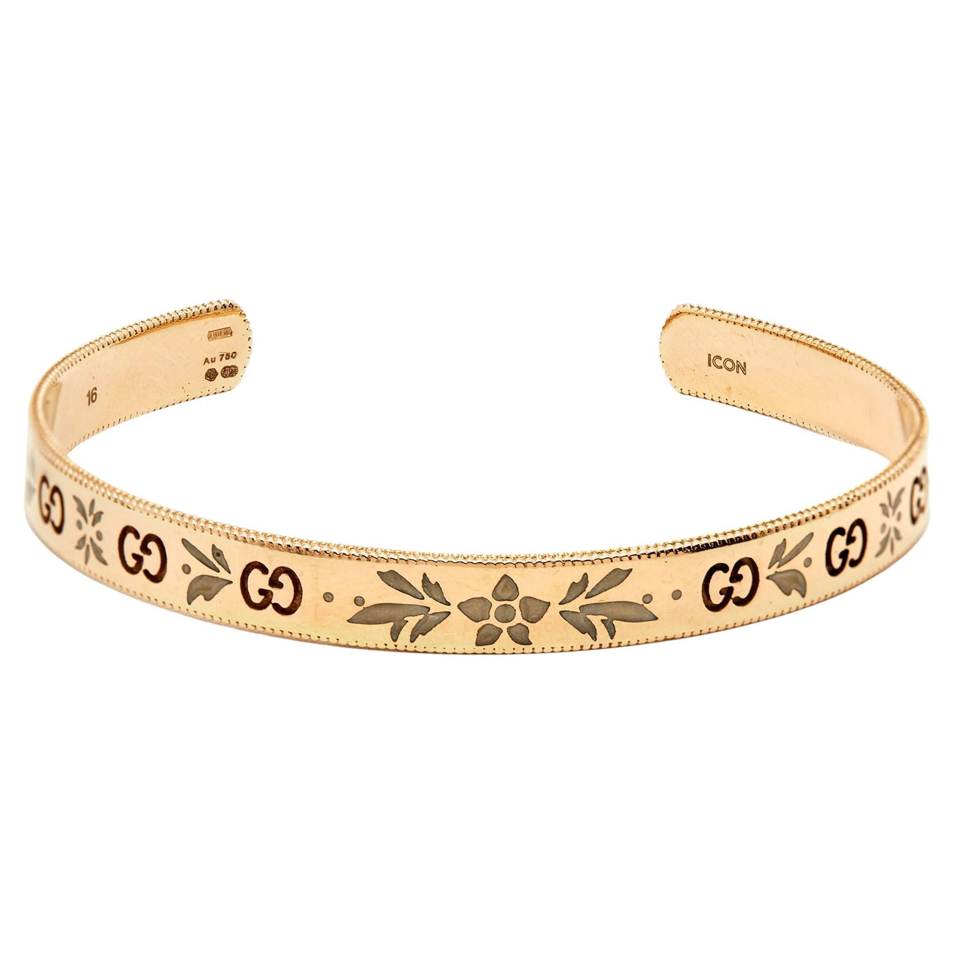 Gucci GG Icon Blossom Enamel 18k Rose Gold Cuff Bracelet 16 For Sale