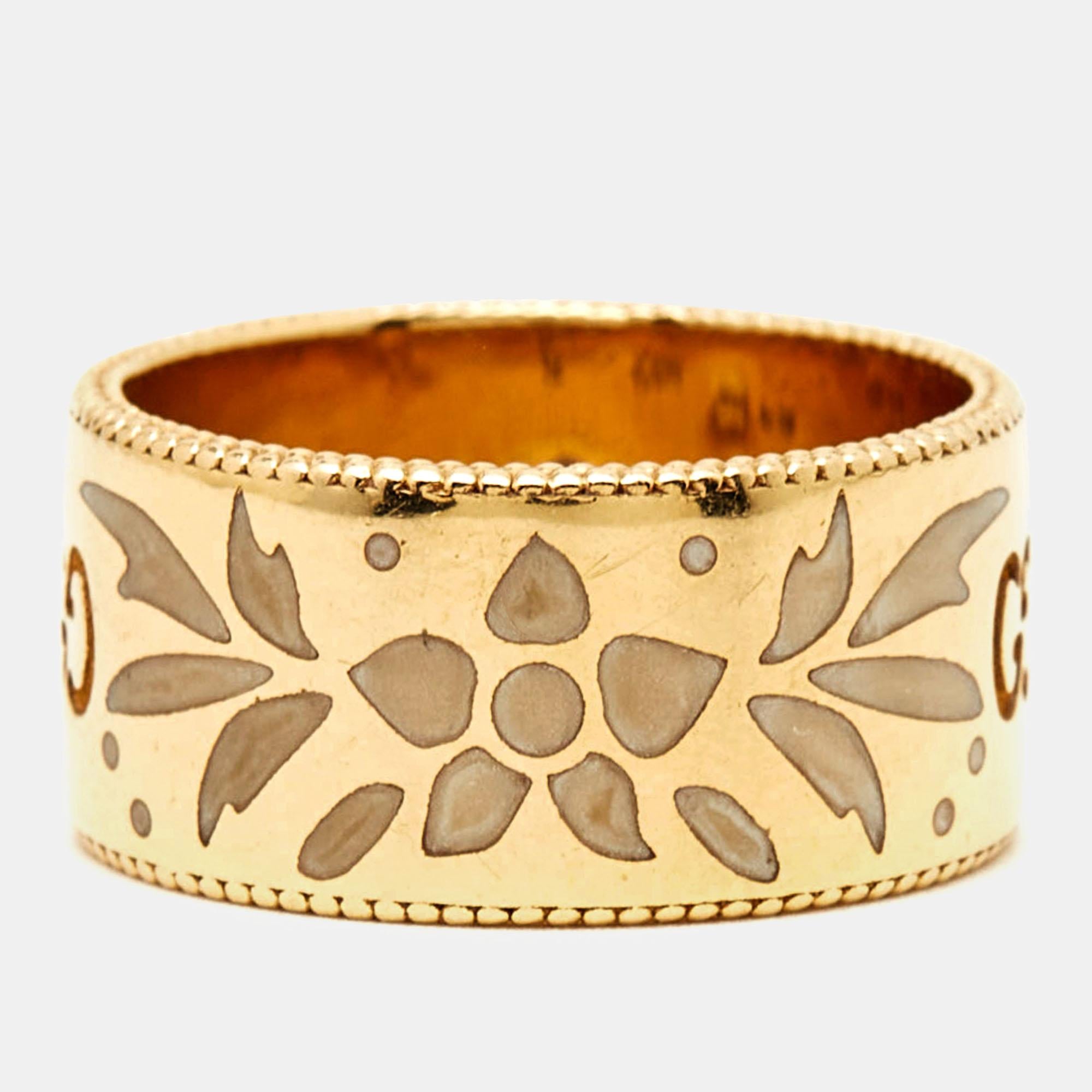 Contemporary Gucci GG Icon Blossom Enamel 18k Yellow Gold Ring Size 52 For Sale
