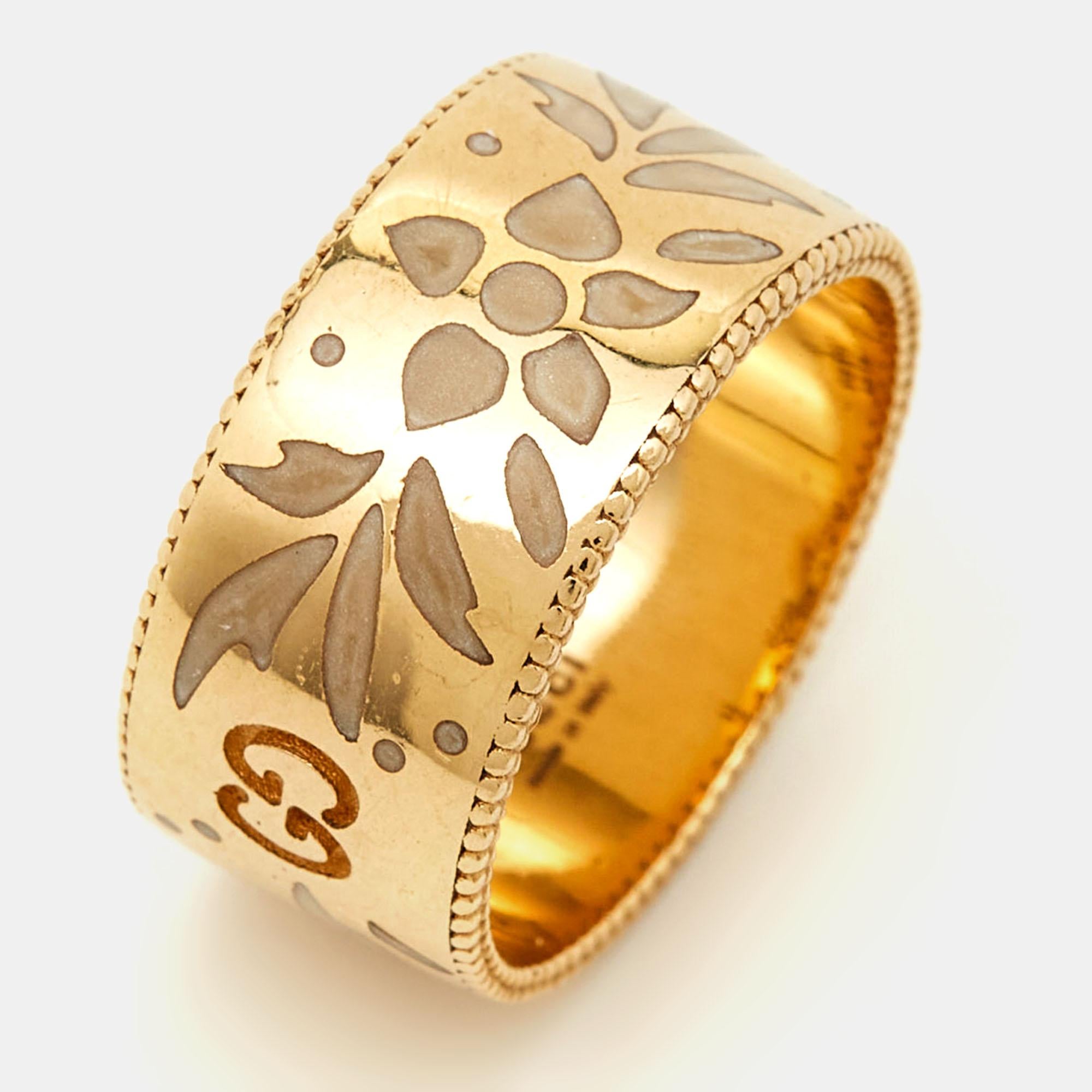 Gucci GG Icon Blossom Enamel 18k Yellow Gold Ring Size 52 For Sale 1