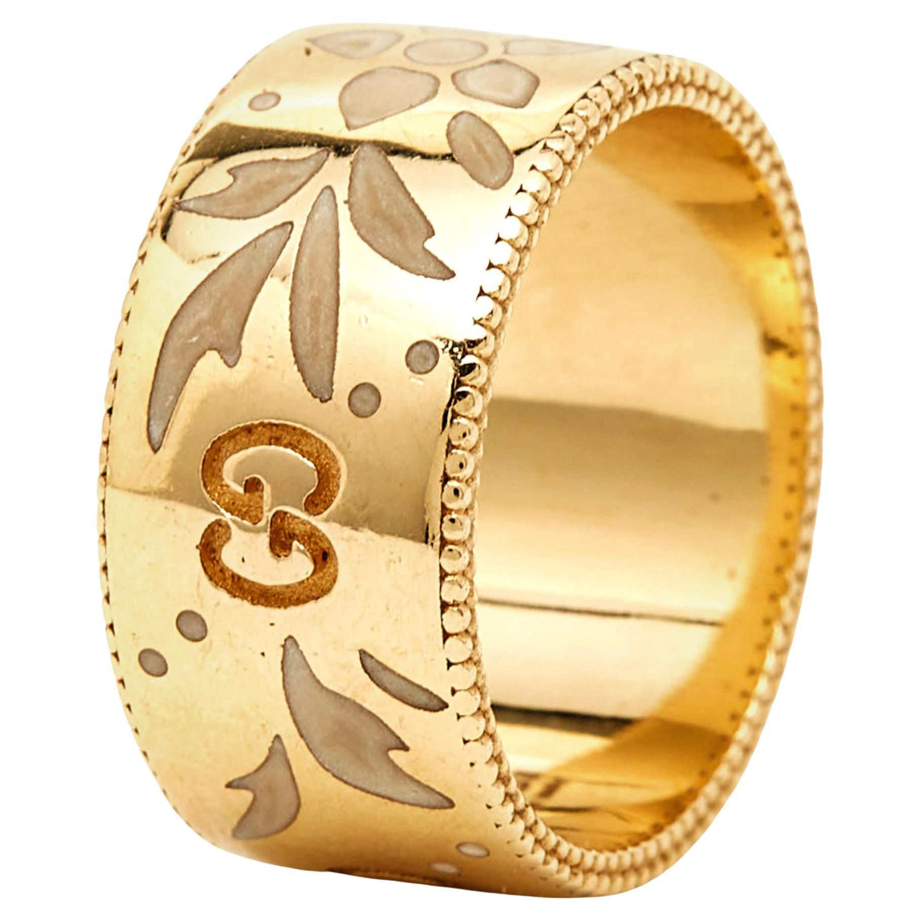 Gucci GG Icon Blossom Enamel 18k Yellow Gold Ring Size 52 For Sale