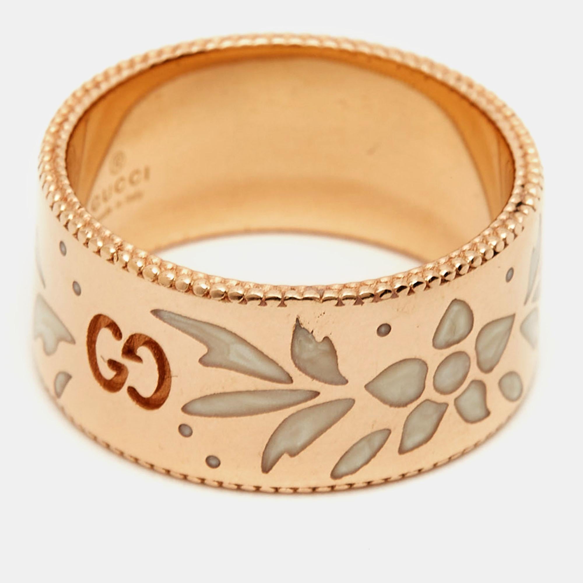 Aesthetic Movement Gucci GG Icon Blossoms Enamel 18k Rose Gold Wide Band Size 53 For Sale