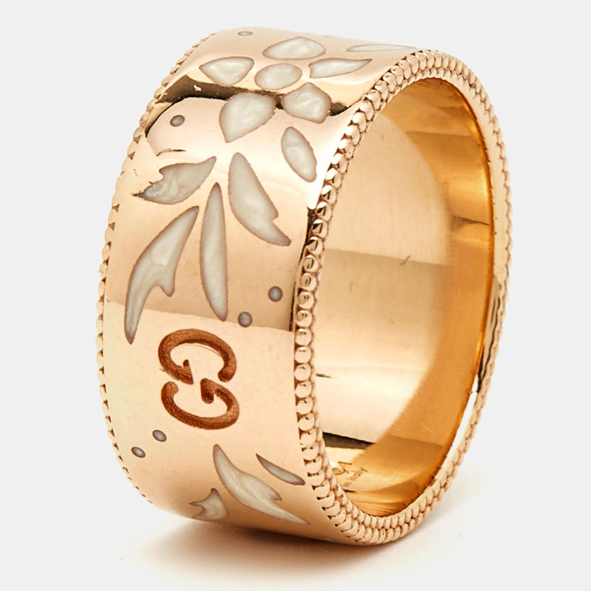 Gucci GG Icon Blossoms Enamel 18k Rose Gold Wide Band Size 53 For Sale 1