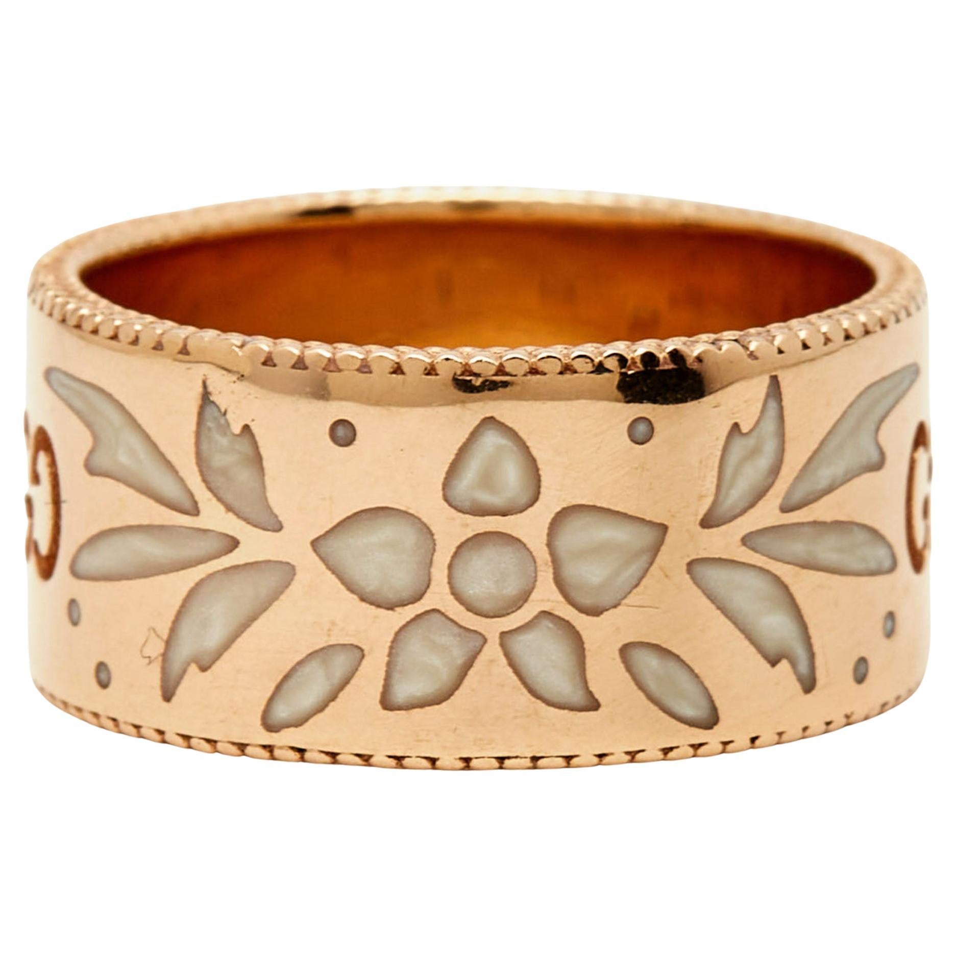 Gucci GG Icon Blossoms Enamel 18k Rose Gold Wide Band Size 53 For Sale