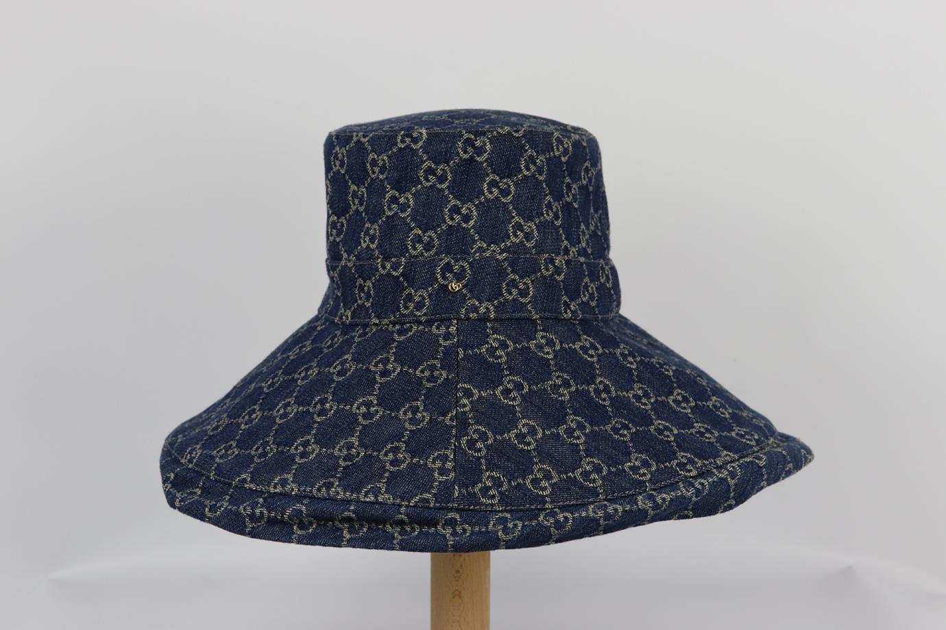 Gucci gg jacquard denim hat. Blue. Slips on. 100% Organic cotton; lining: 100% organic cotton. Does not come with dustbag or box. Size: Medium. Circumference: 21.9 in. Brim Width: 5.5 in. Very good condition - Worn once. No sign of wear; see