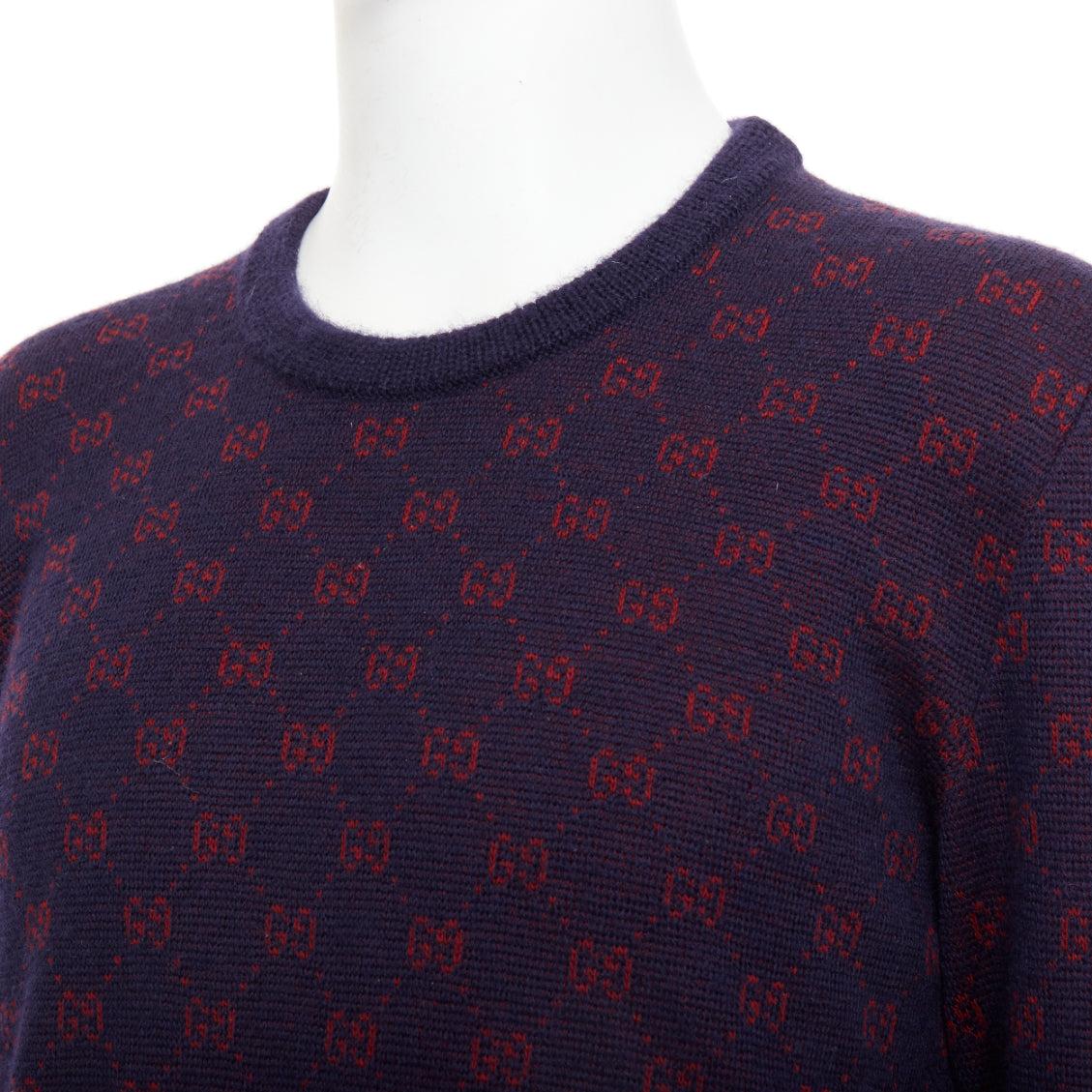 Pull GG Jacquard violet rouge laine alpaga monogramme tricoté en vente 2