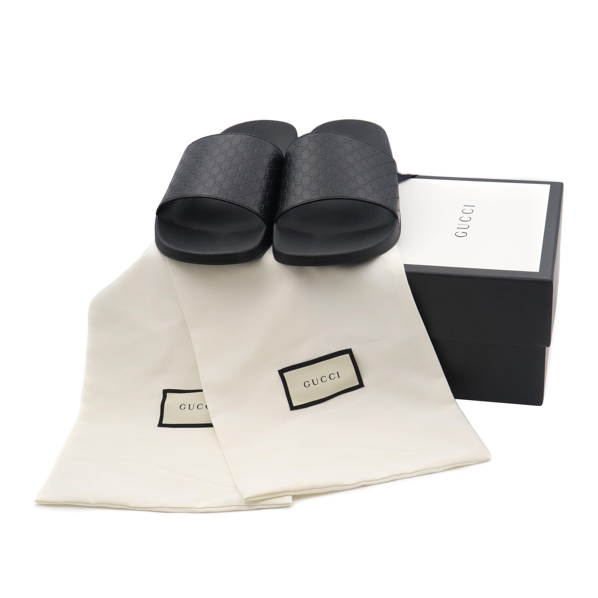 Gucci GG Logo Black Leather & Rubber Men's Sides Sandals Size 42 US 12 1