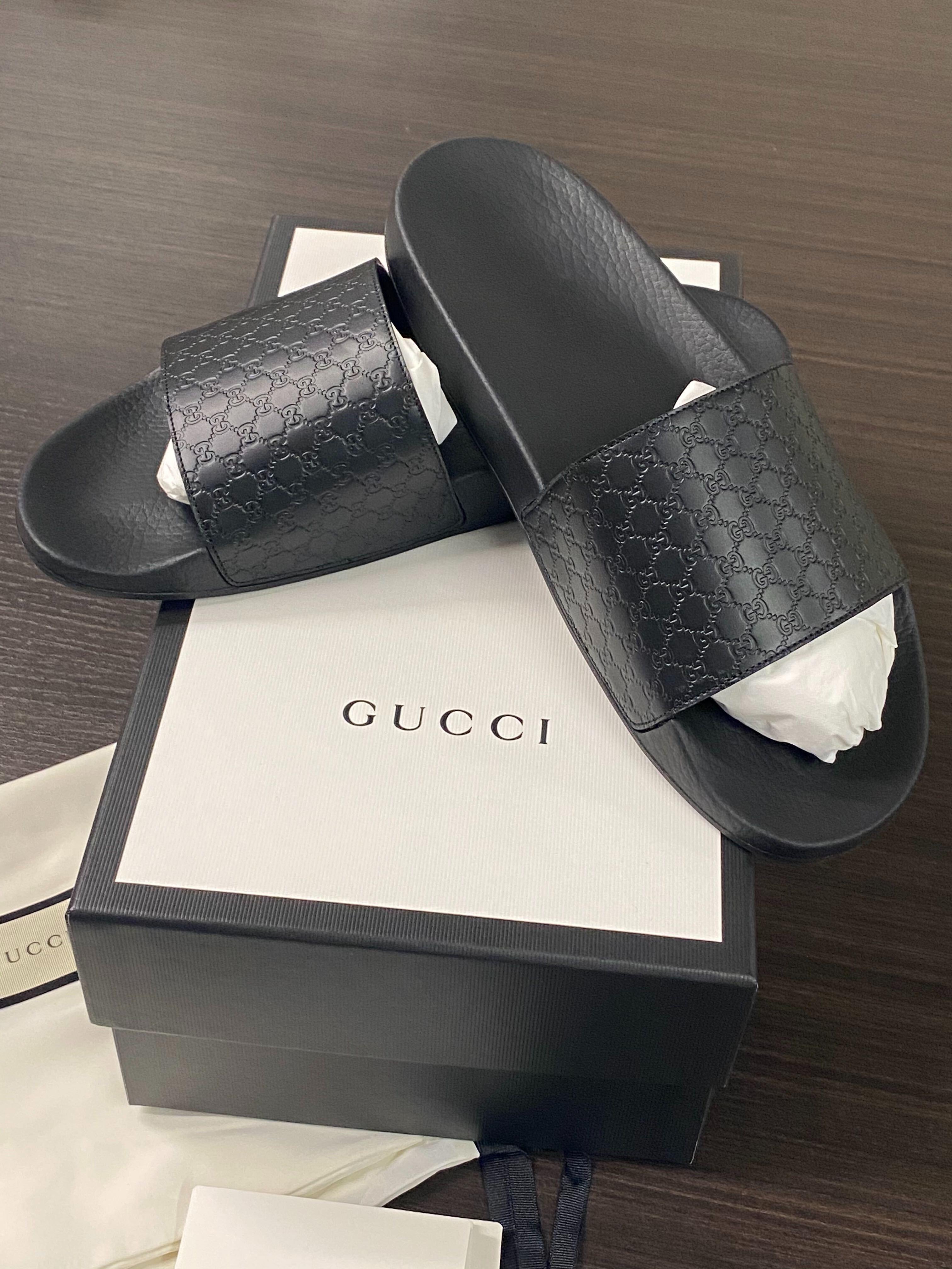 Gucci GG Logo Black Leather & Rubber Men's Sides Sandals Size 42 US 12 2