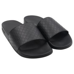 Gucci GG Logo Black Leather & Rubber Men's Sides Sandals Size 42 US 12