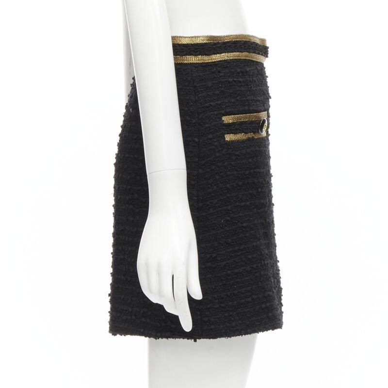 GUCCI GG logo button gold trim black tweed mini A-line skirt IT38 XS In Excellent Condition In Hong Kong, NT