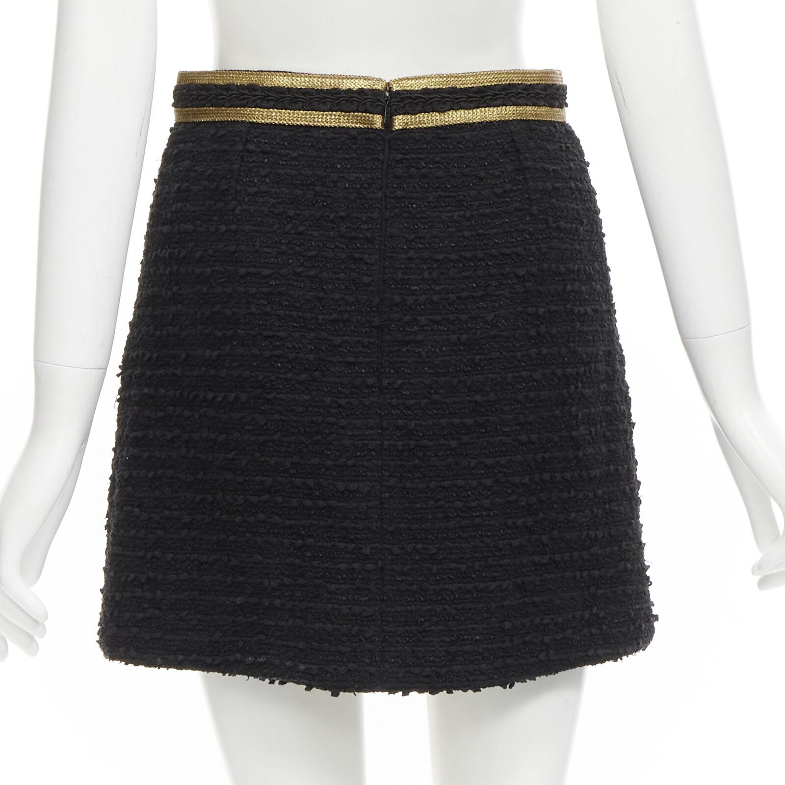Women's GUCCI GG logo button gold trim black tweed mini A-line skirt IT38 XS For Sale