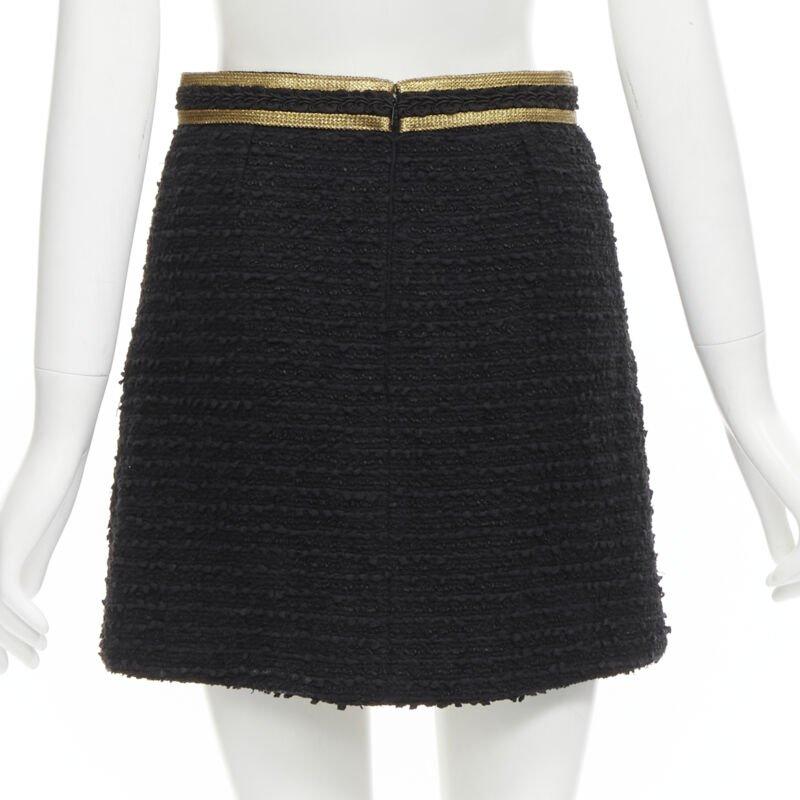 Women's GUCCI GG logo button gold trim black tweed mini A-line skirt IT38 XS