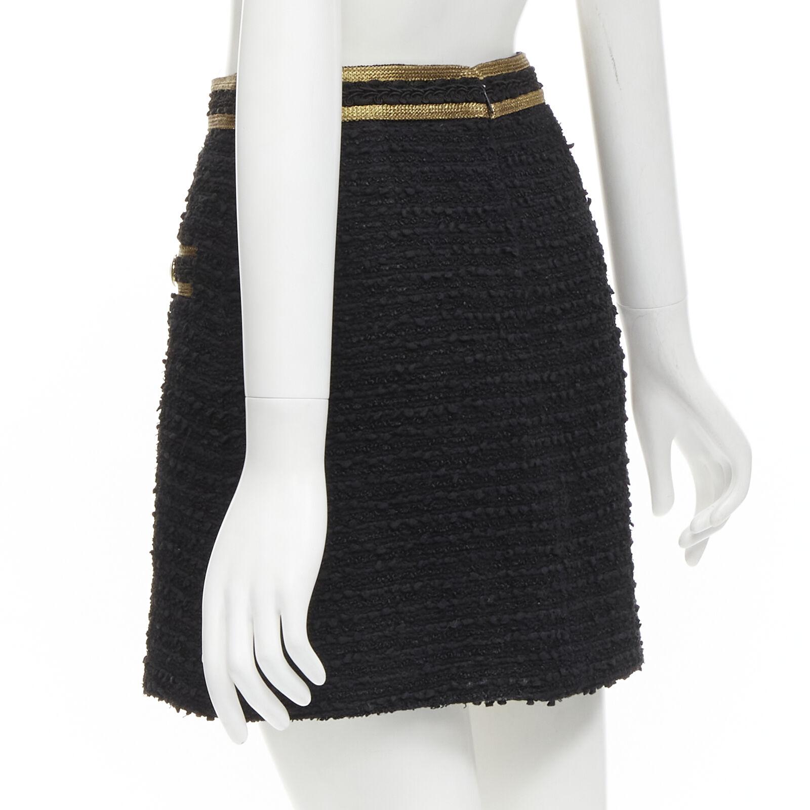 GUCCI GG logo button gold trim black tweed mini A-line skirt IT38 XS For Sale 1