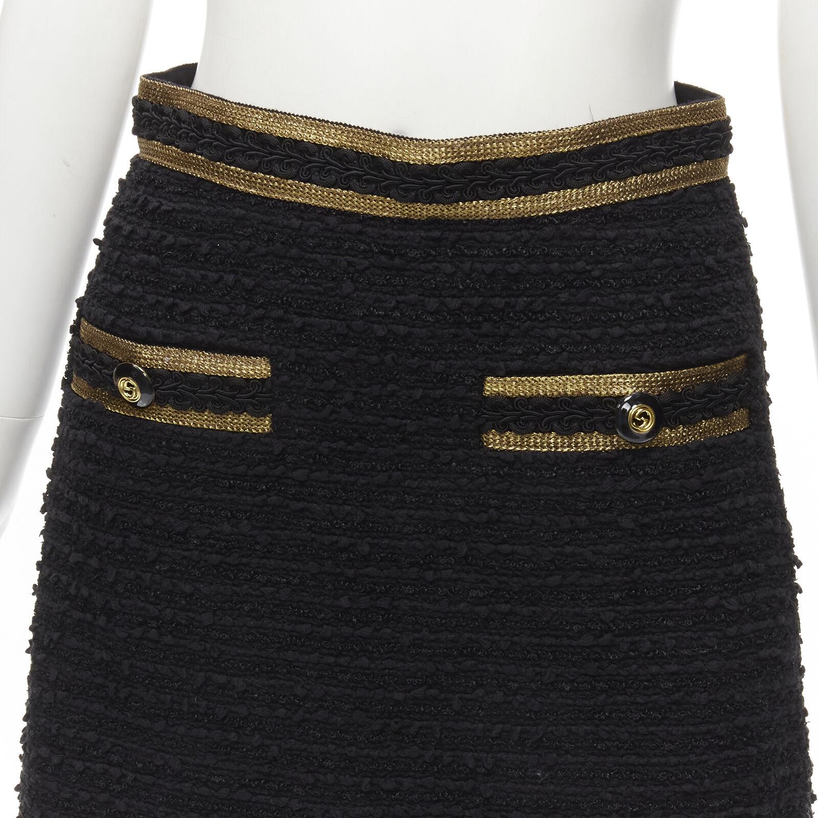 GUCCI GG logo button gold trim black tweed mini A-line skirt IT38 XS For Sale 2