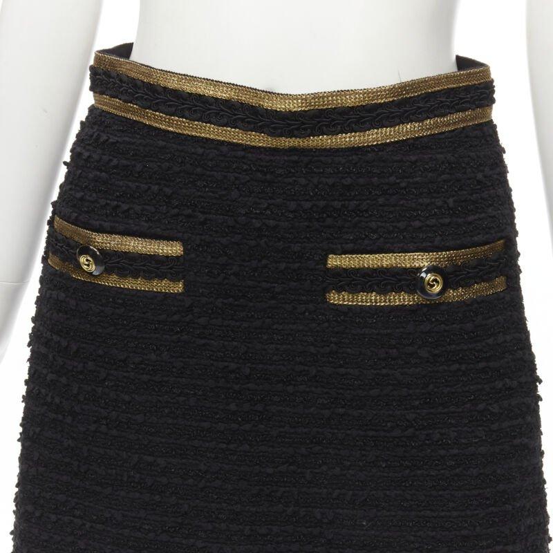 GUCCI GG logo button gold trim black tweed mini A-line skirt IT38 XS 2