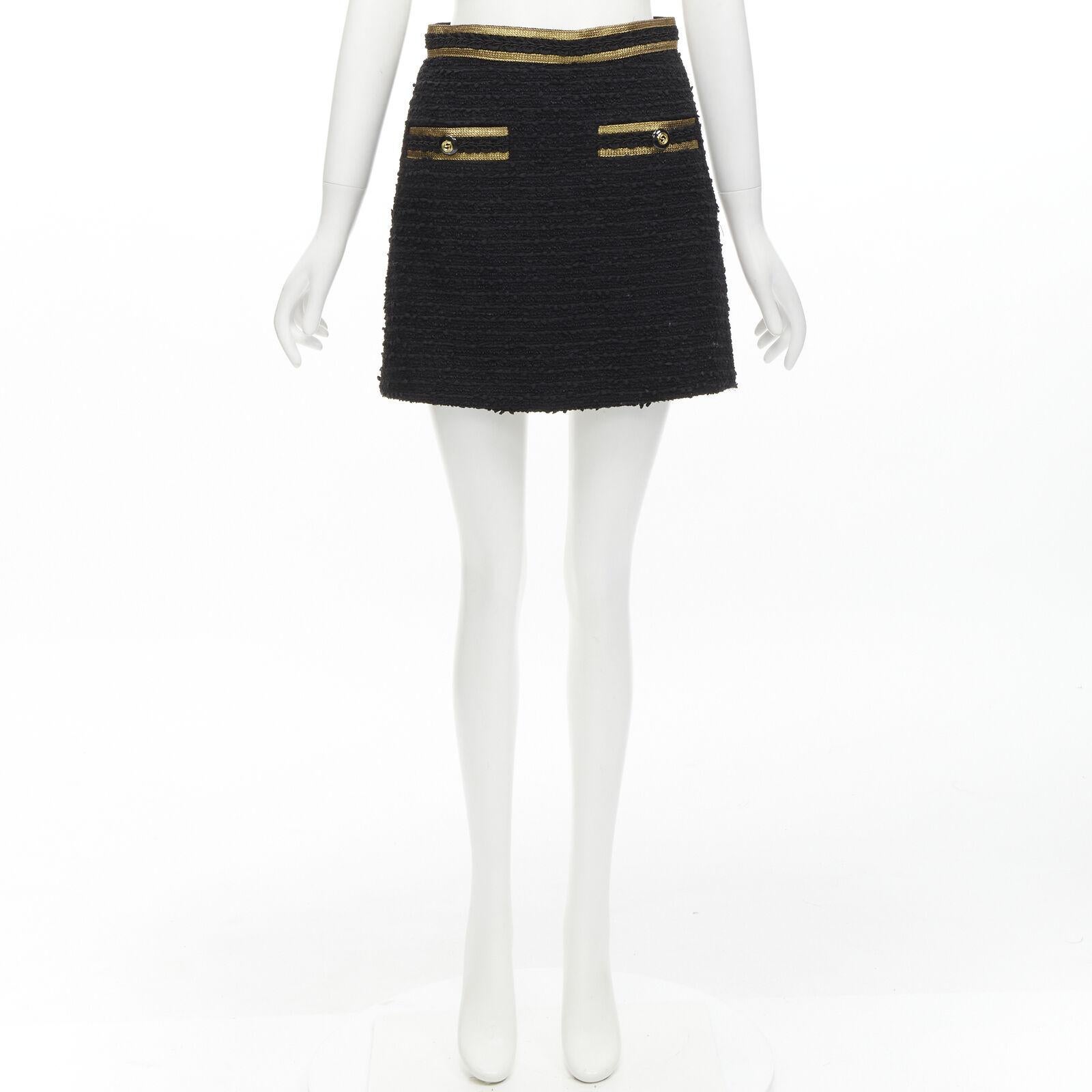 GUCCI GG logo button gold trim black tweed mini A-line skirt IT38 XS For Sale 4