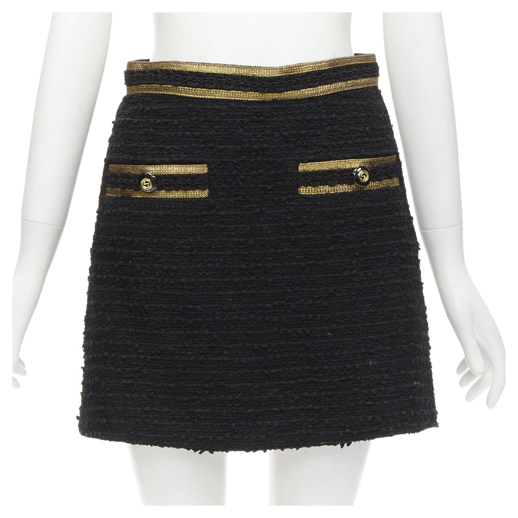 GUCCI GG logo button gold trim black tweed mini A-line skirt IT38 XS For Sale