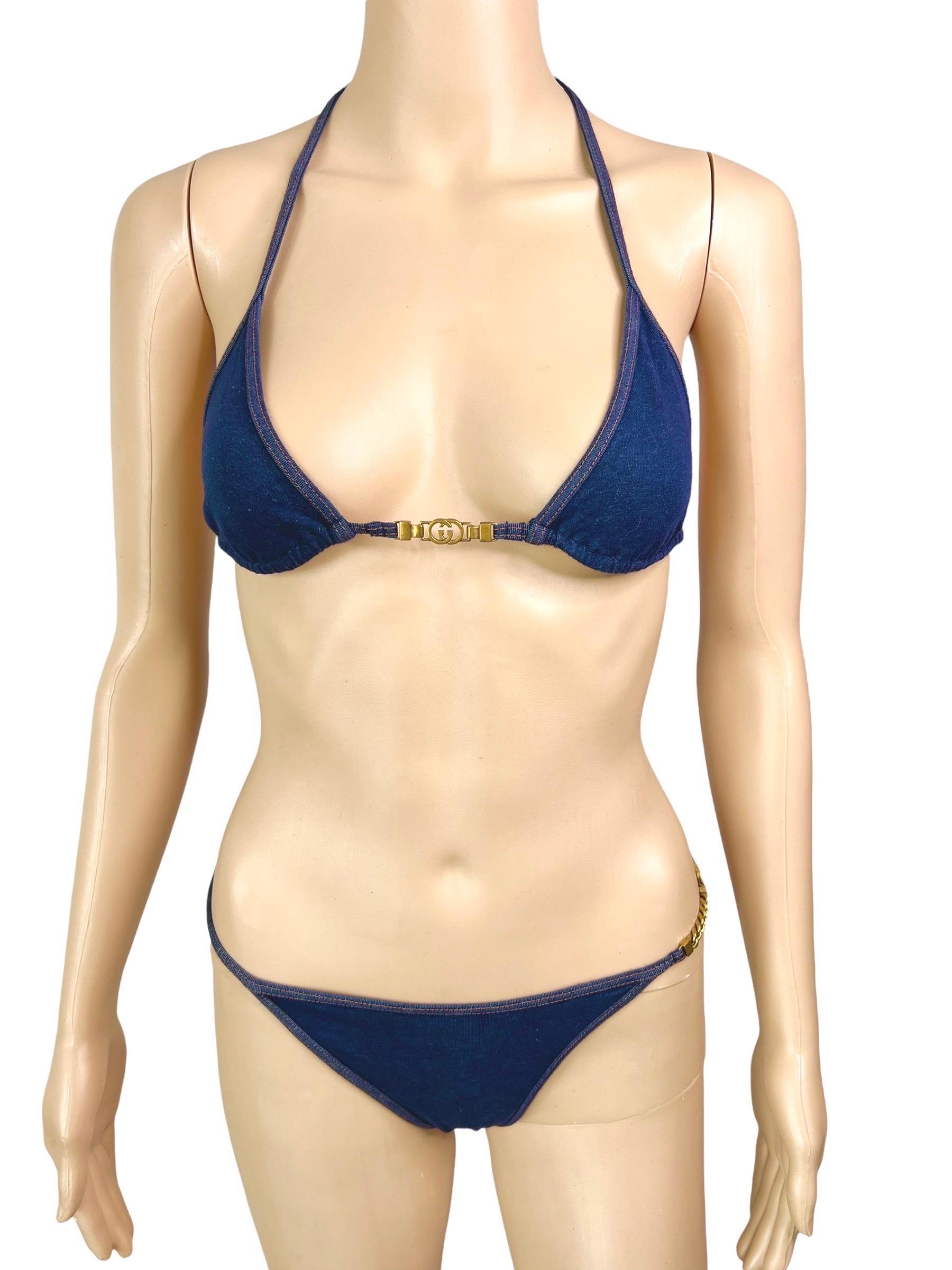 Gucci GG Logo Chain Denim Print Two-Piece Bikini Swimsuit Swimwear Size M