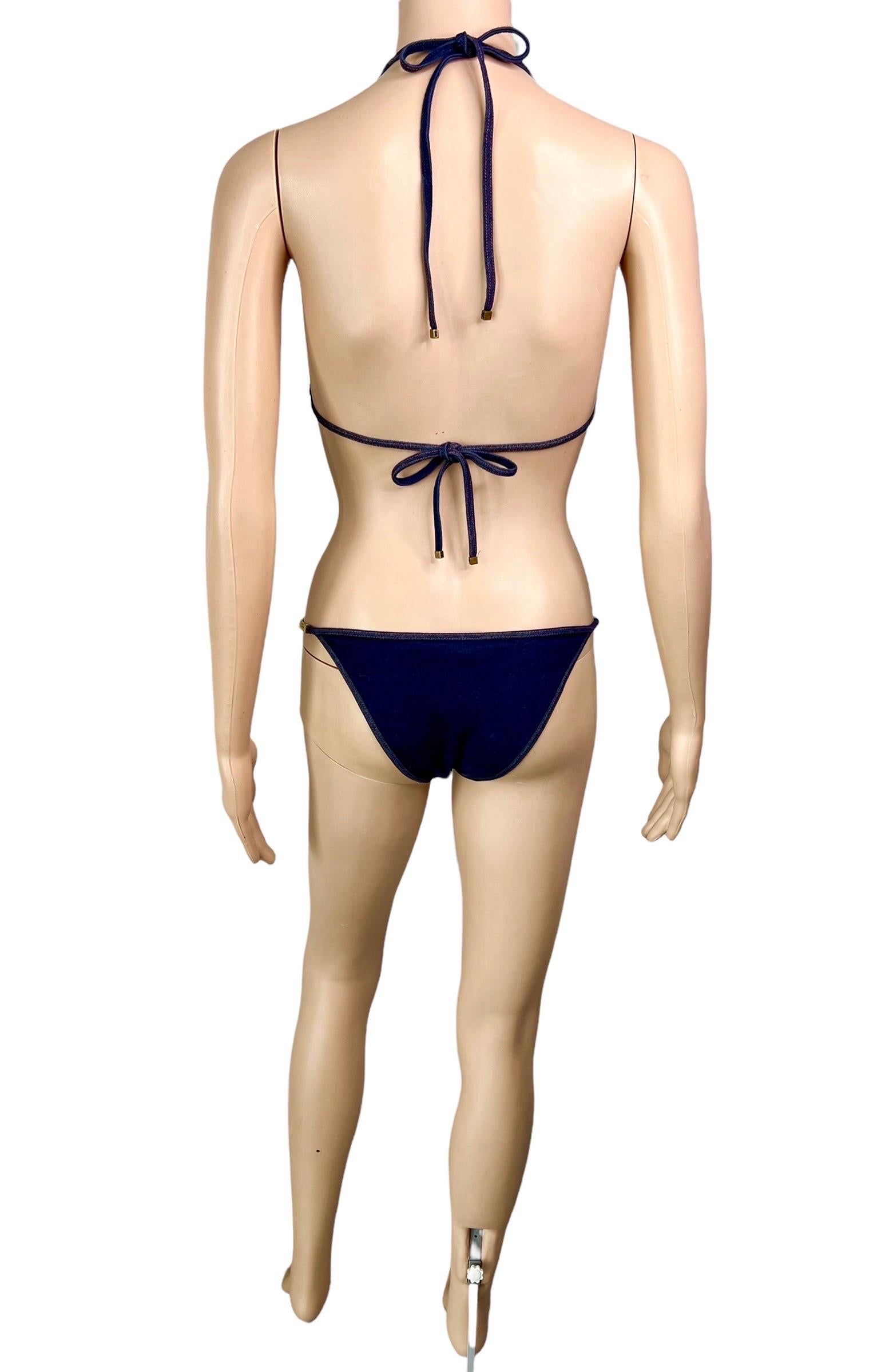 Gucci GG Logo Chain Denim Print Two-Piece Bikini Swimsuit Swimwear In Good Condition For Sale In Naples, FL