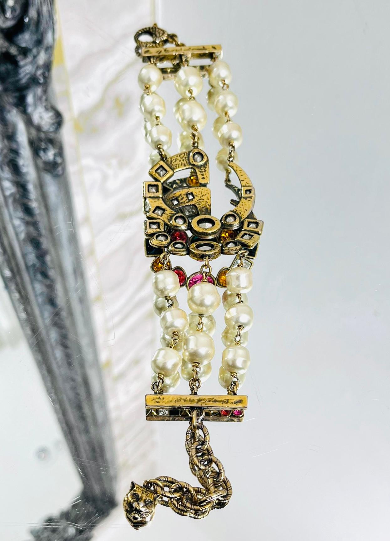 Women's Gucci 'GG' Logo Crystal & Pearl Bracelet