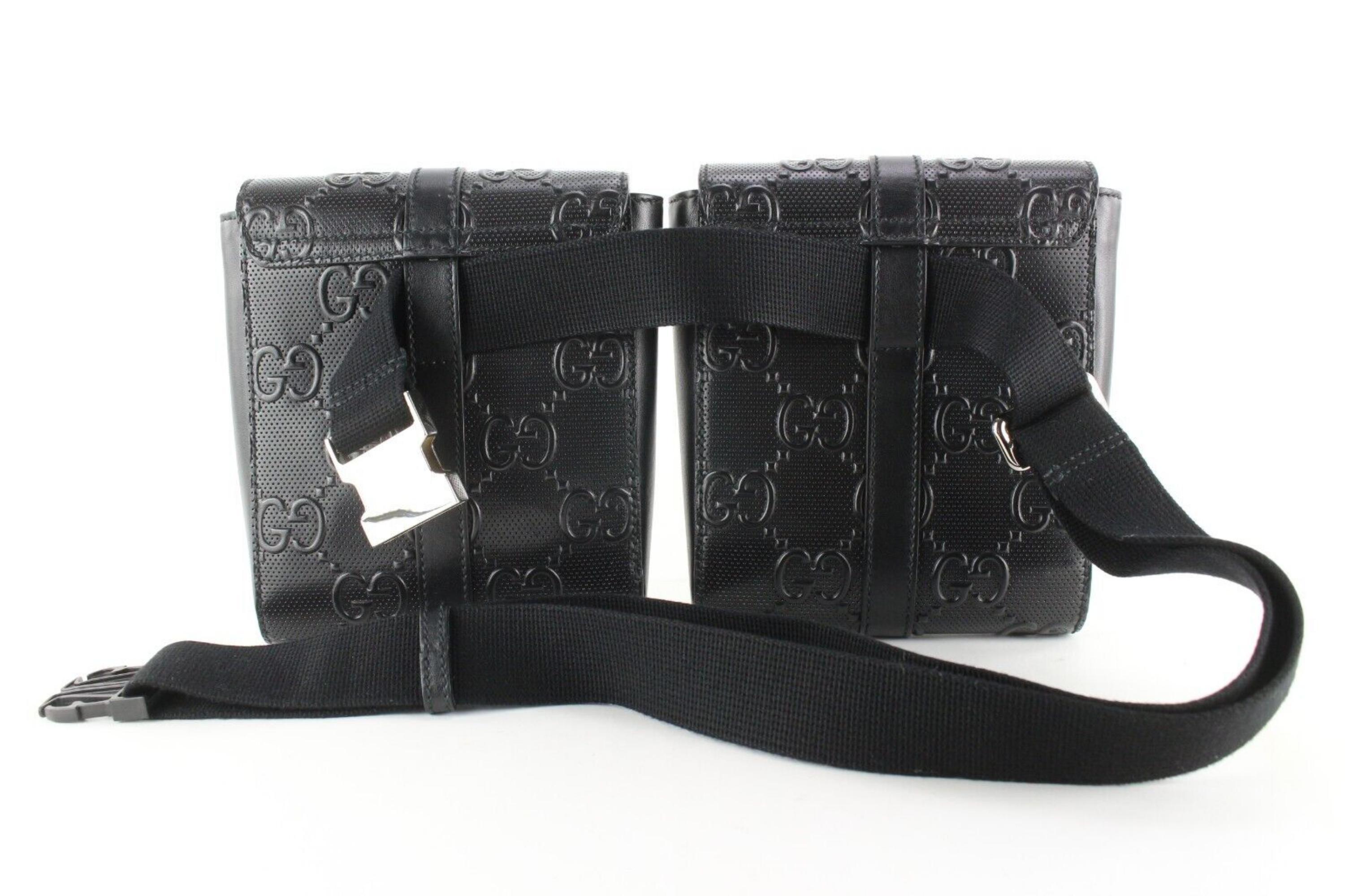 Gucci GG Logo Embossed Double Belt Bag Fanny Pack Black Leather Crossbody 1G0104 3